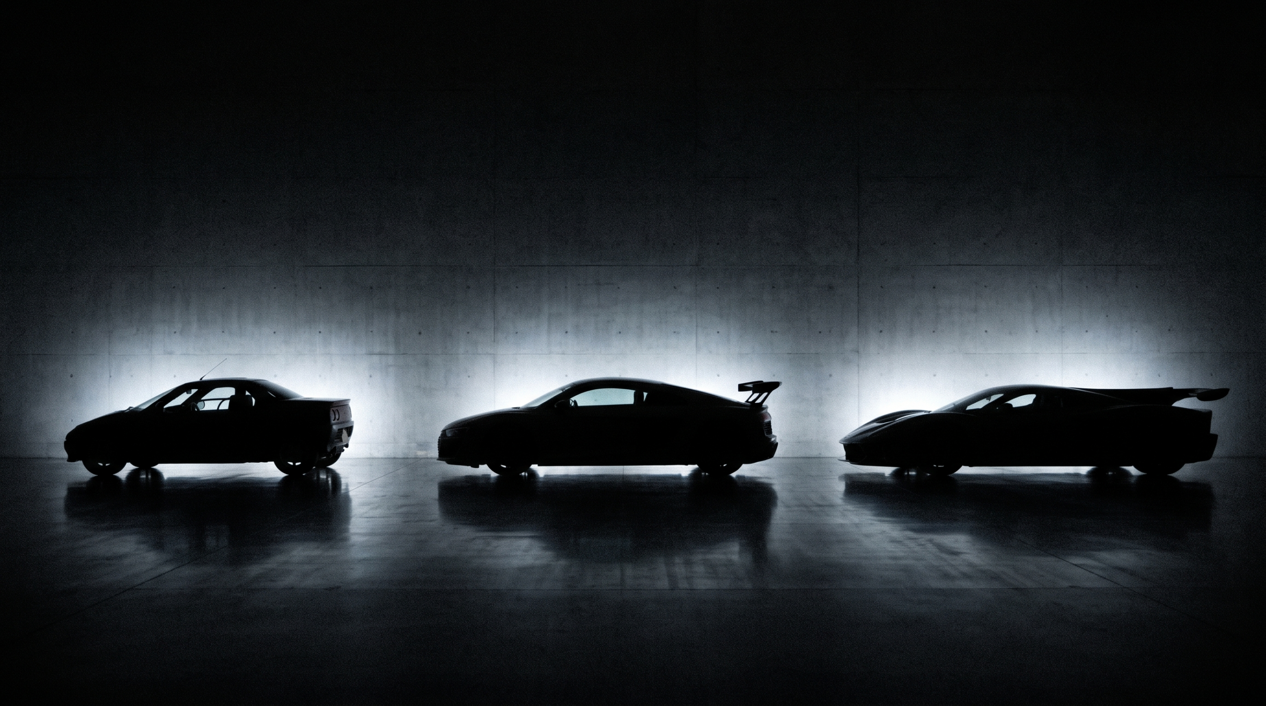Three generations of McLaren 1 cars in silhouette: F1, P1 and McLaren W1