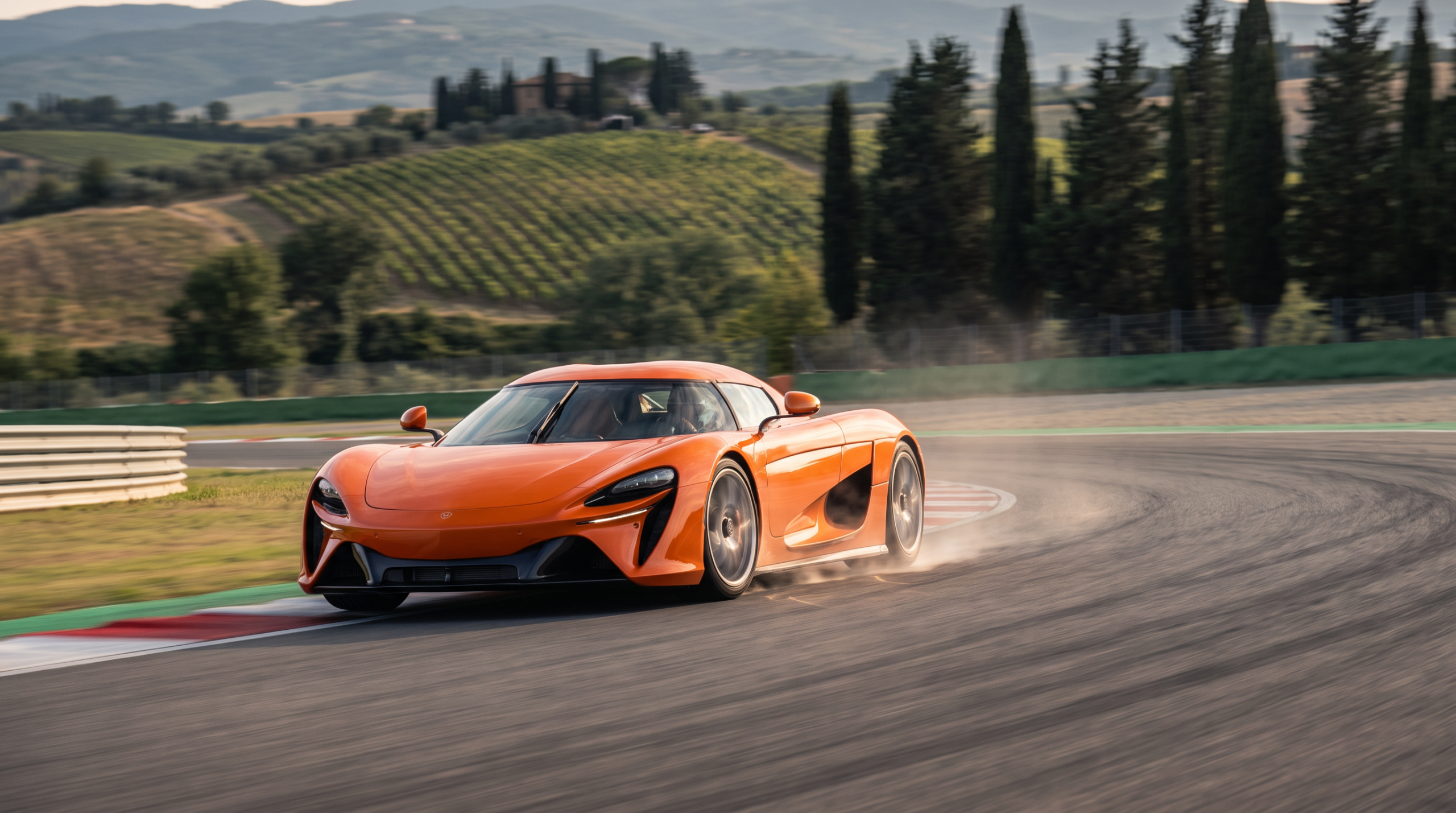 McLaren W1 style hypercar at speed on a European racing circuit
