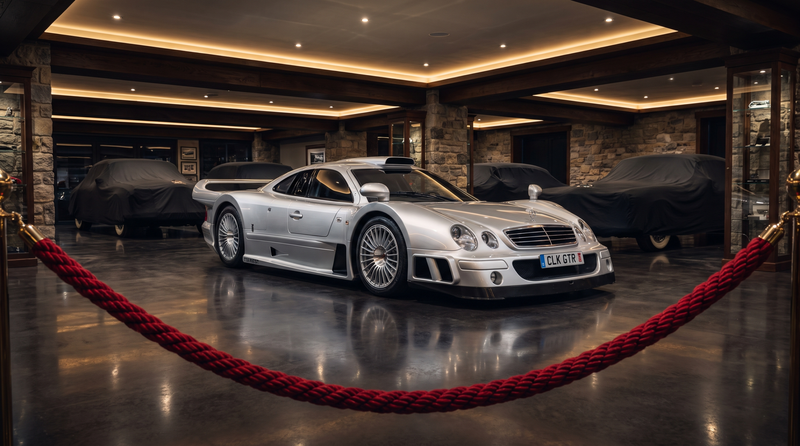 Mercedes CLK GTR displayed in a private collection vault — illustrative rendering