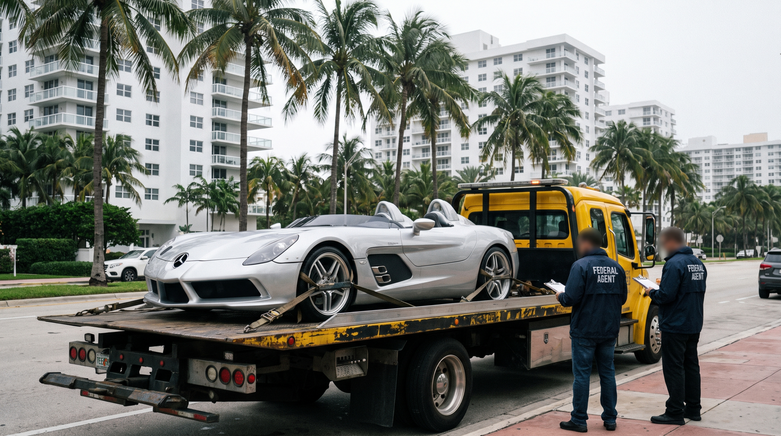 Mercedes CLK GTR seized in Miami on a flatbed truck — illustrative rendering