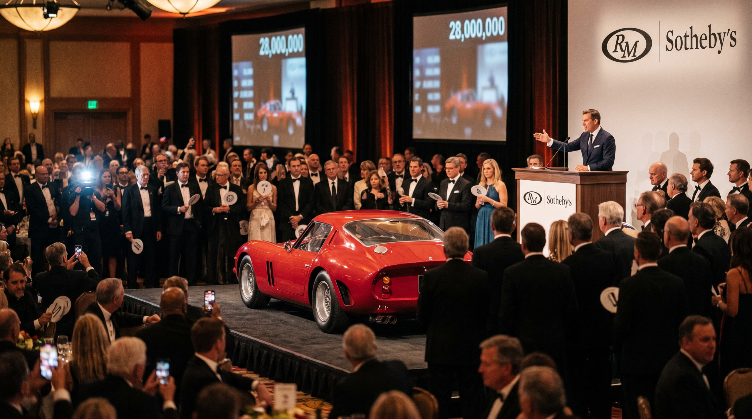 Evening collector car auction during Monterey Car Week 2026