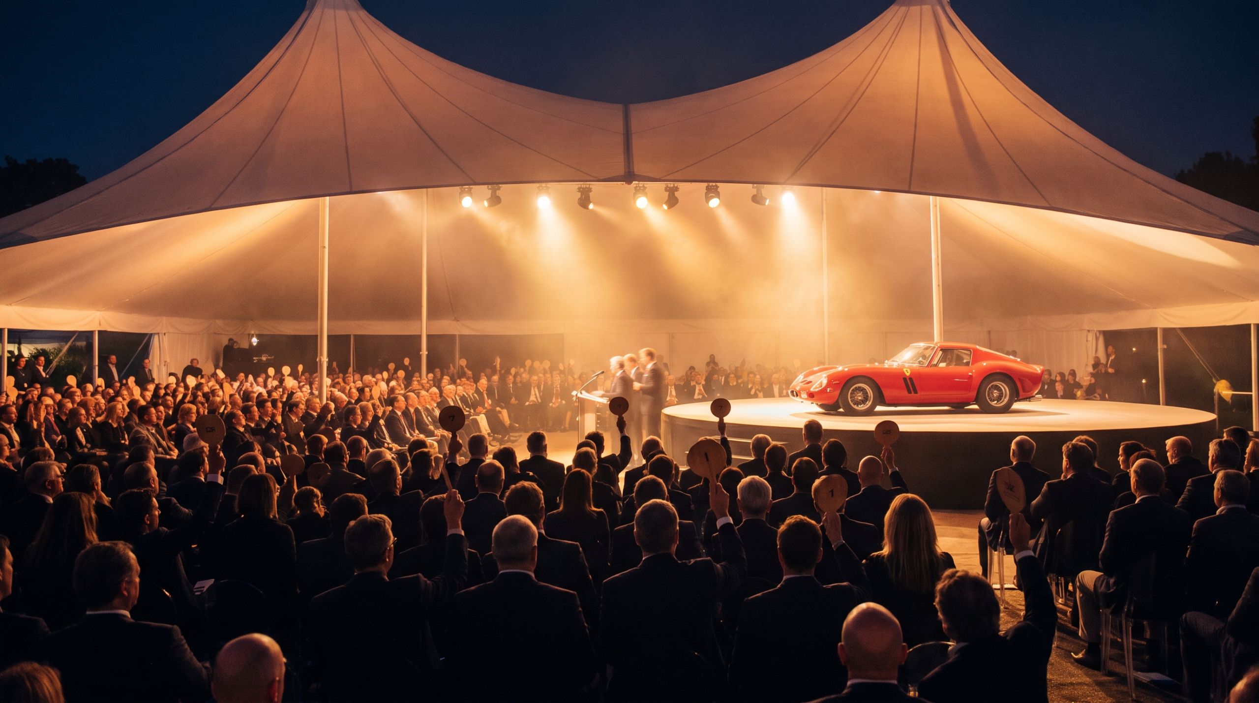 A classic sports car on the auction block under spotlights during Monterey Car Week