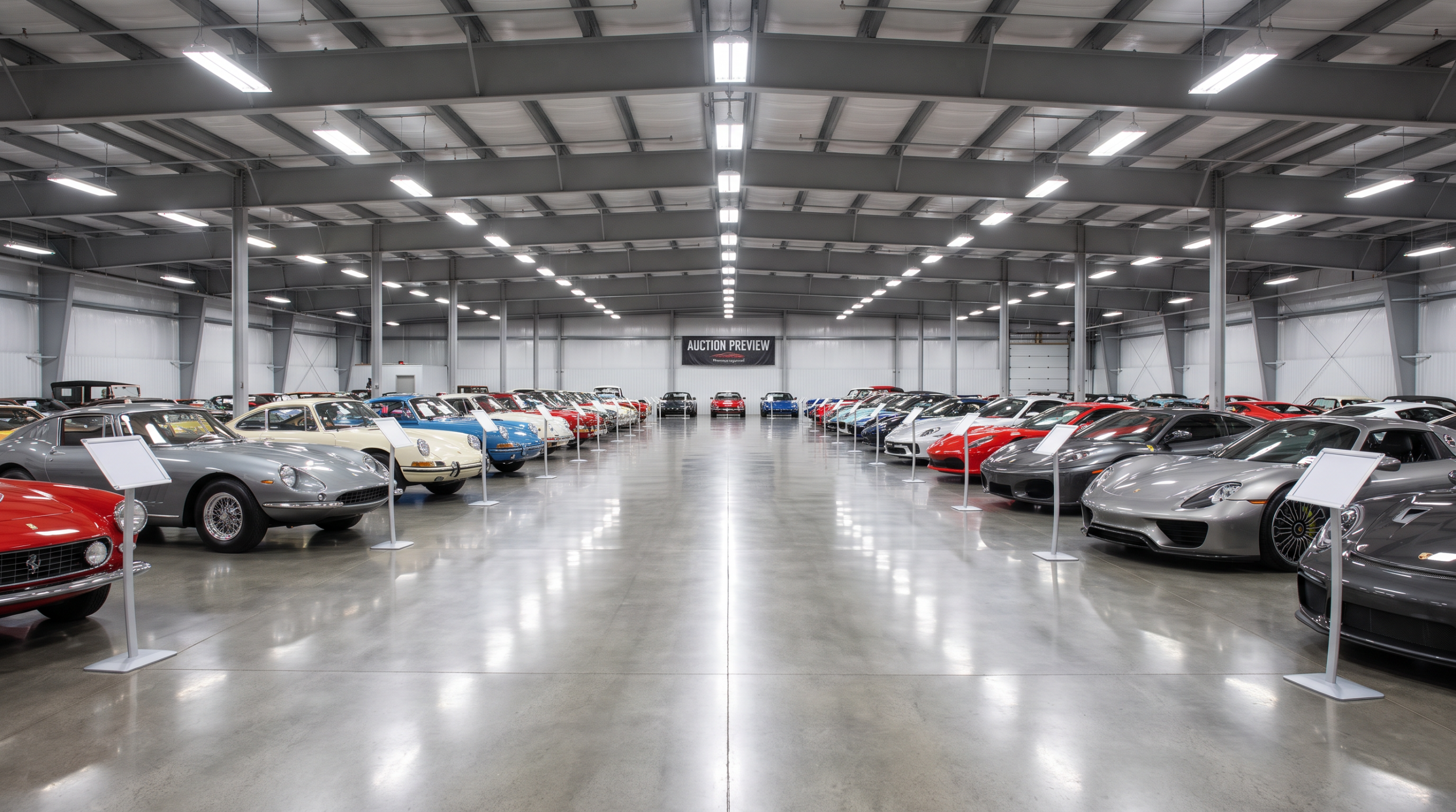 Rows of collector cars in an auction preview hall during Monterey Car Week