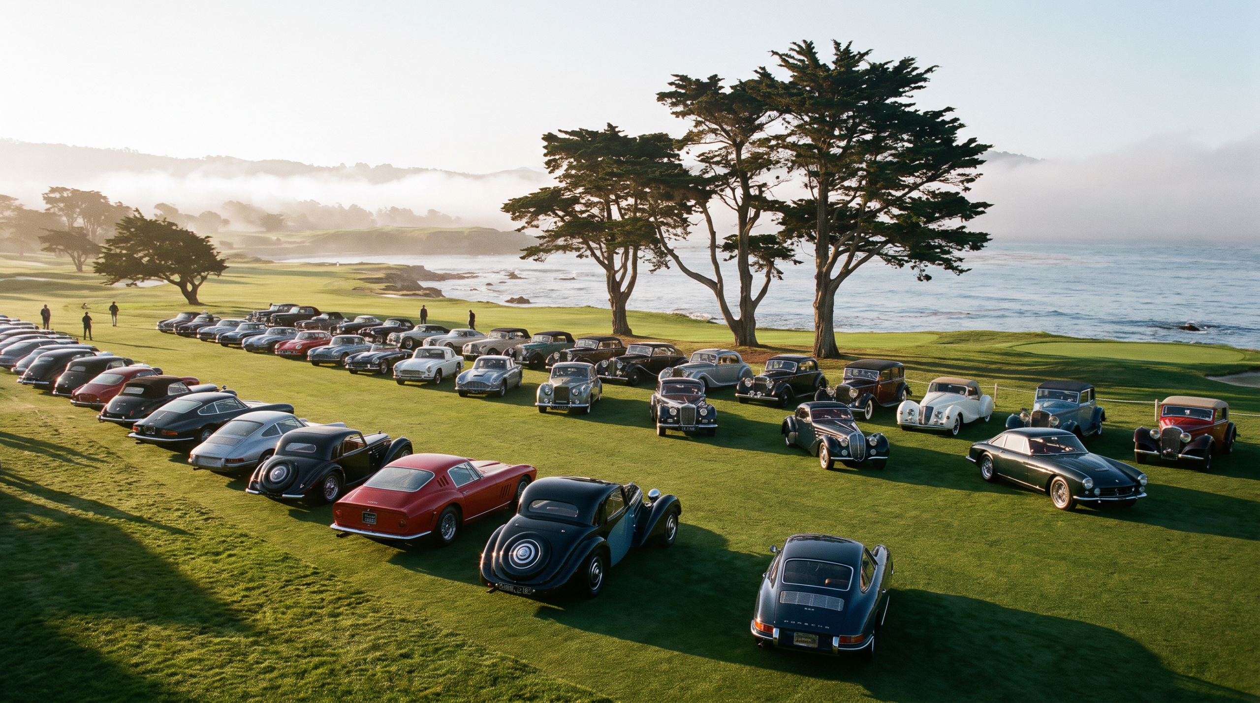 Classic cars arranged on a coastal golf course fairway at a concours during Monterey Car Week