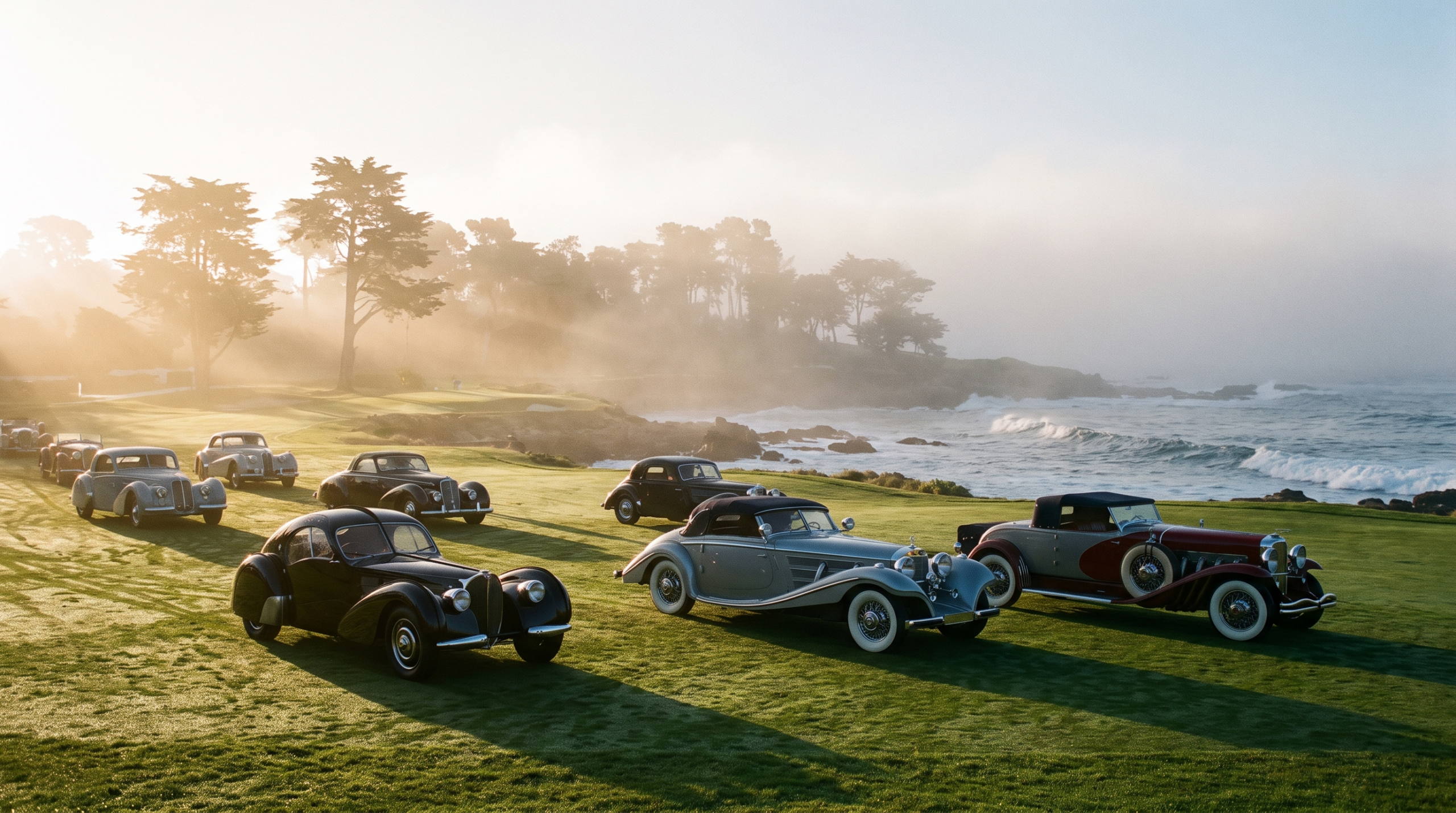 Pre-war classic cars on a coastal concours lawn at sunrise during Monterey Car Week