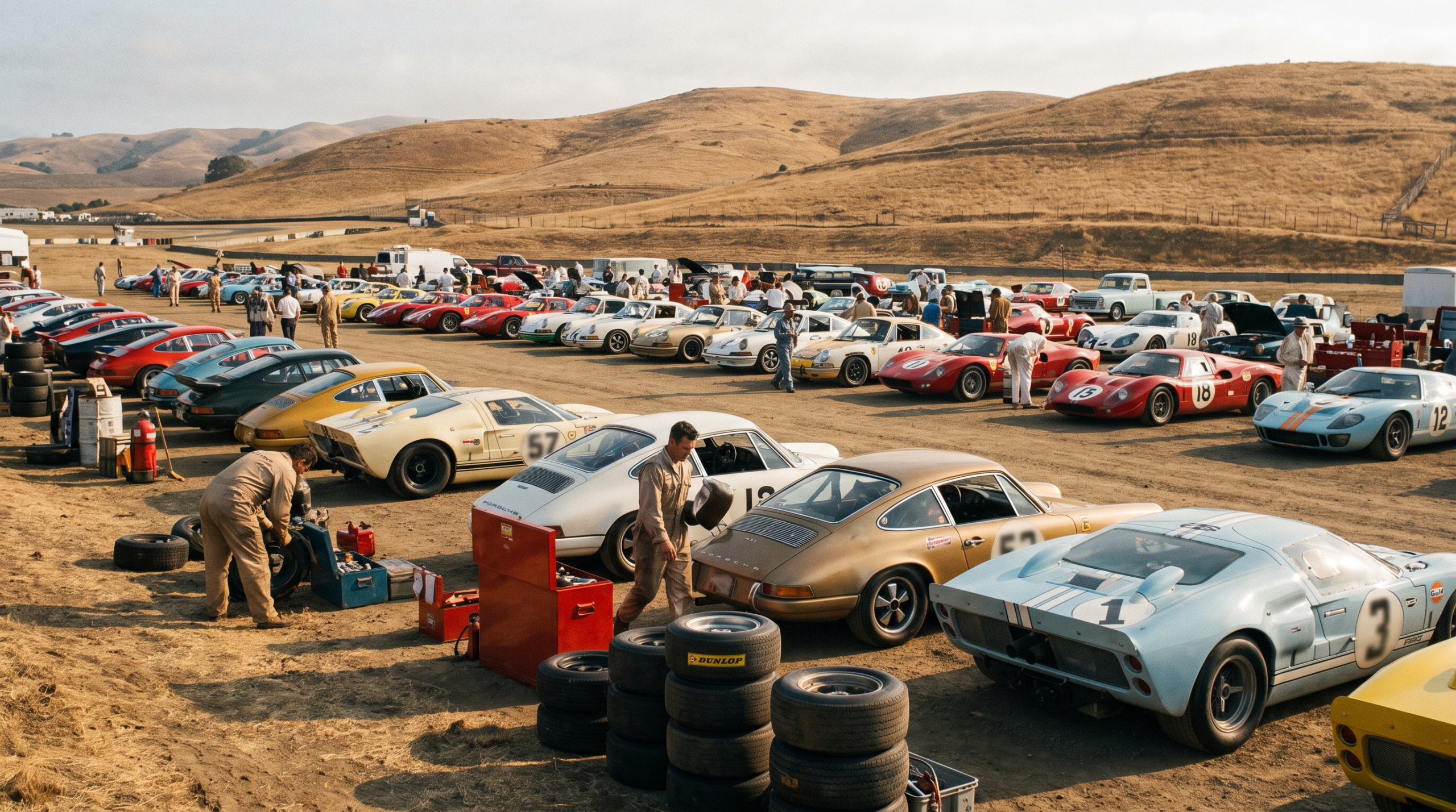 Historic racing cars in an open paddock at a motorsports reunion during Monterey Car Week