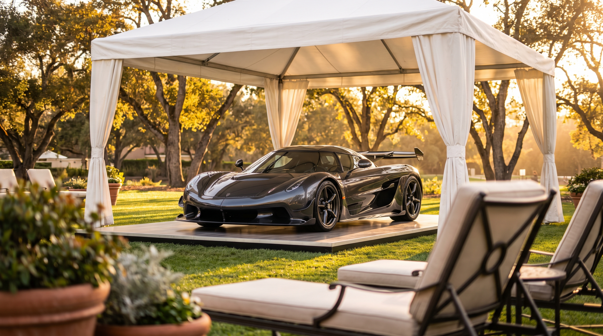 A modern hypercar presented on a hotel lawn at a Monterey Car Week event