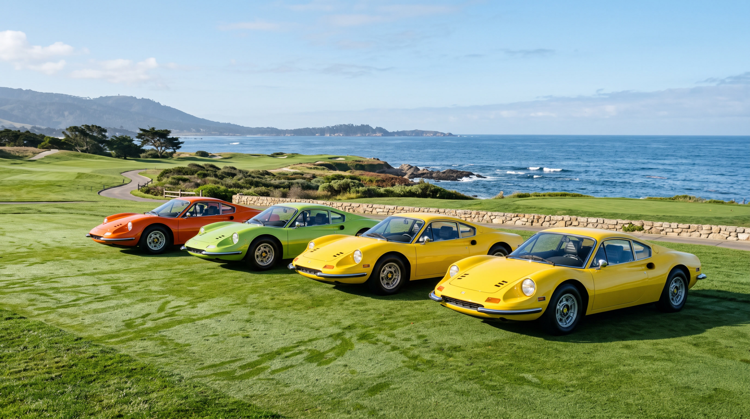 A line of 1960s Italian mid-engined supercars on a fairway at Monterey Car Week
