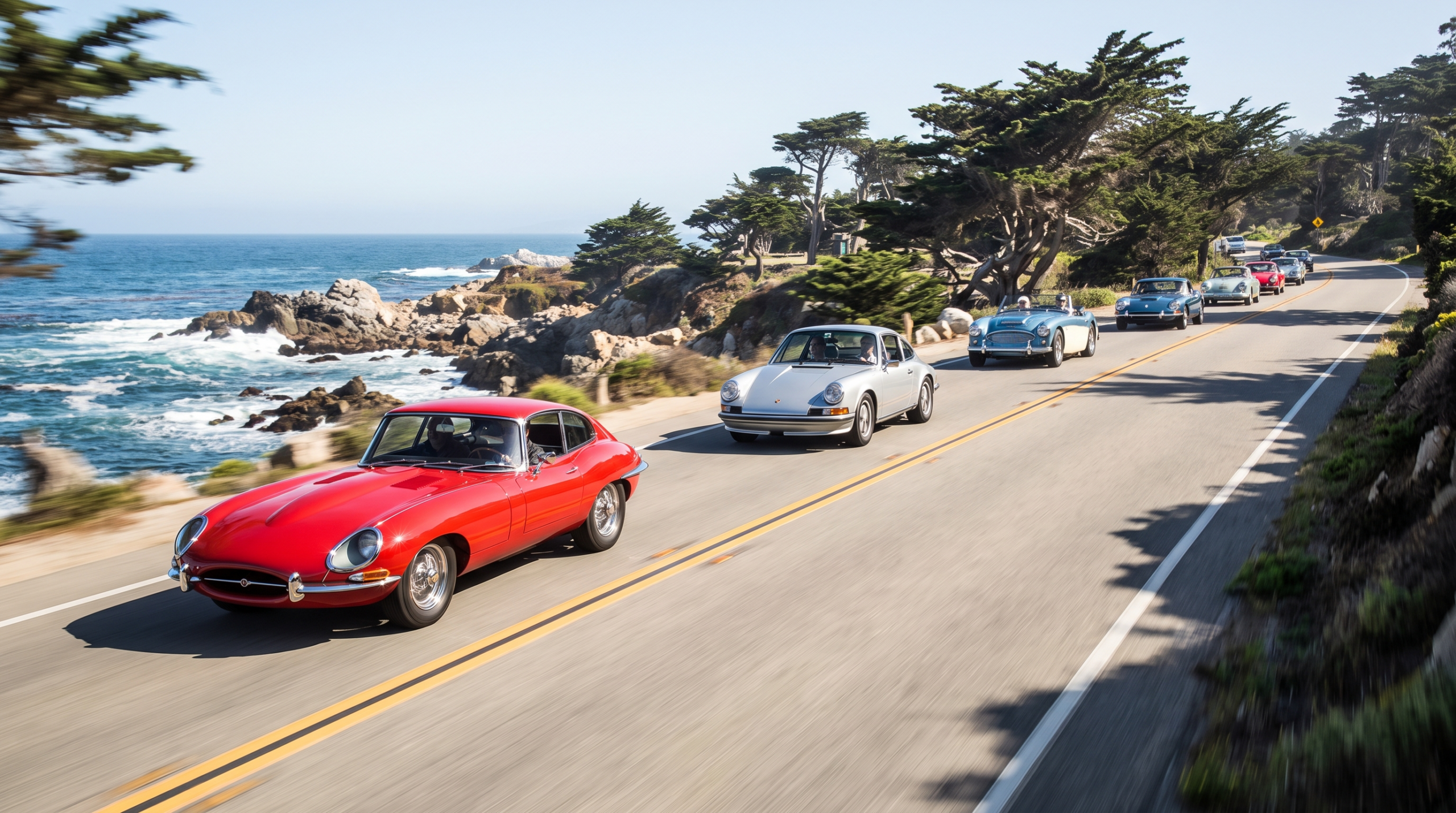 Classic sports cars driving in convoy along a Pacific coast road during Monterey Car Week