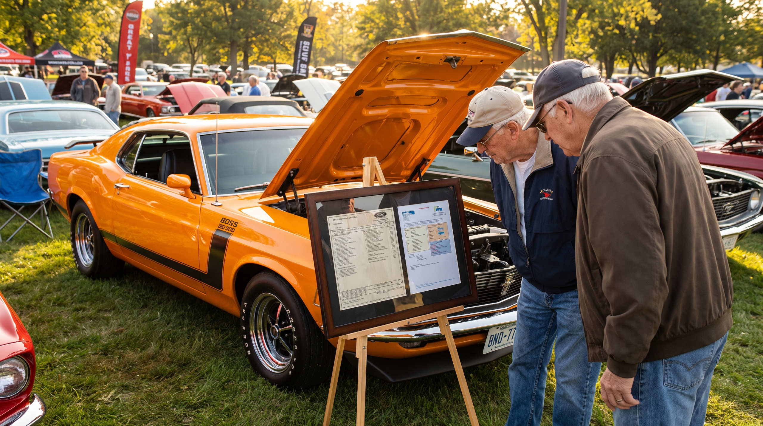 Original window sticker and Marti Report displayed with a 1970 Ford Mustang Boss 302 — classic collector car documentation