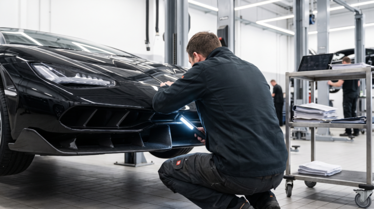 Pre-purchase inspection when purchasing an exotic car — illustrative rendering