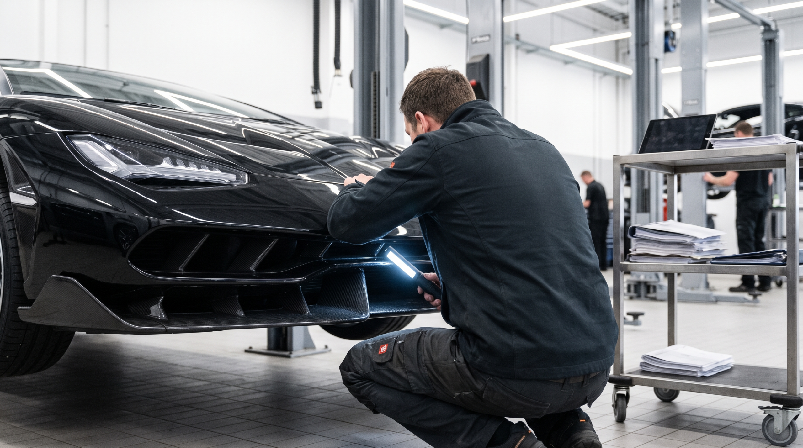Pre-purchase inspection when purchasing an exotic car — illustrative rendering