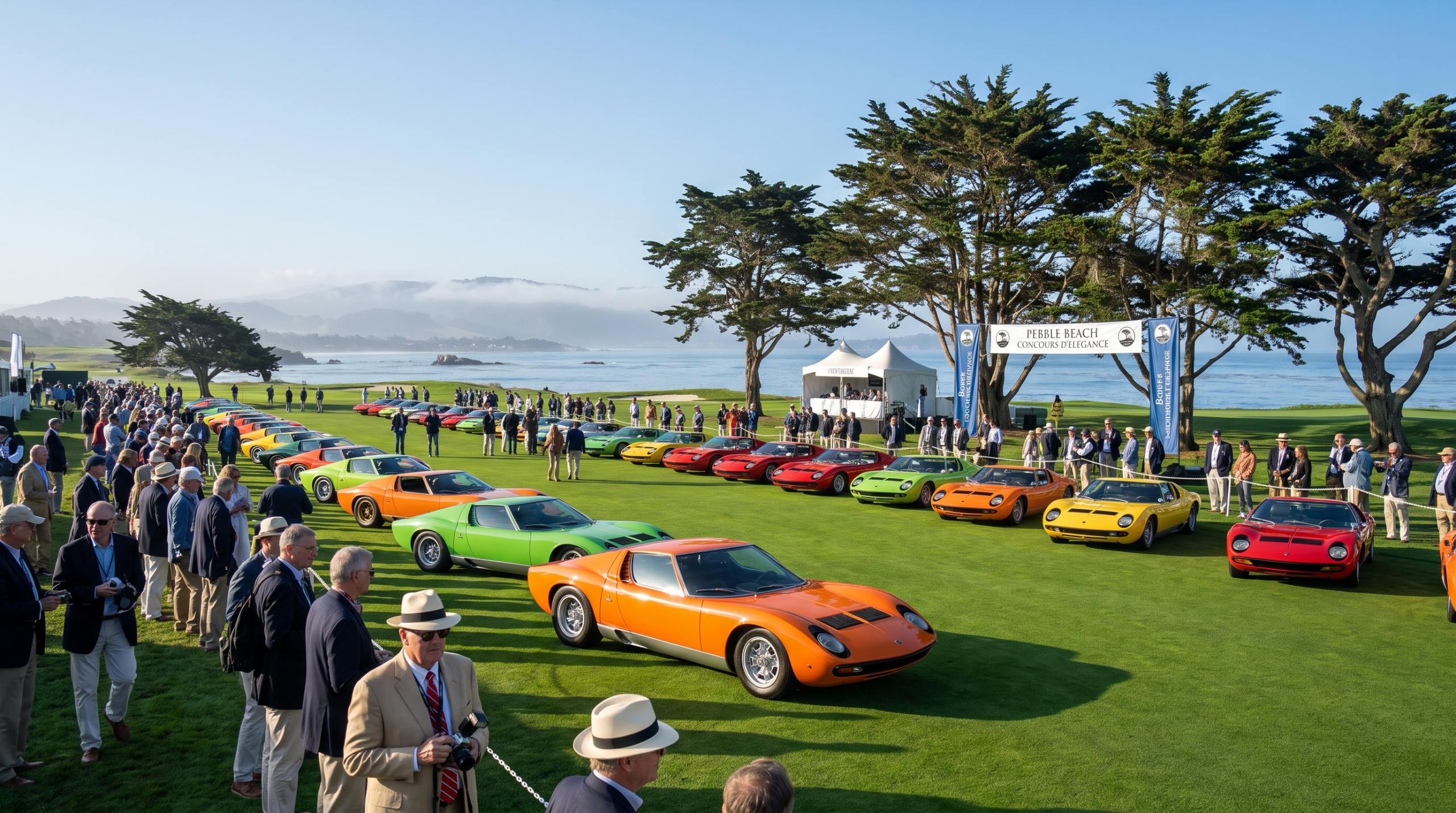 Record Lamborghini Miura gathering on the 3rd fairway at Pebble Beach during Monterey Car Week 2026