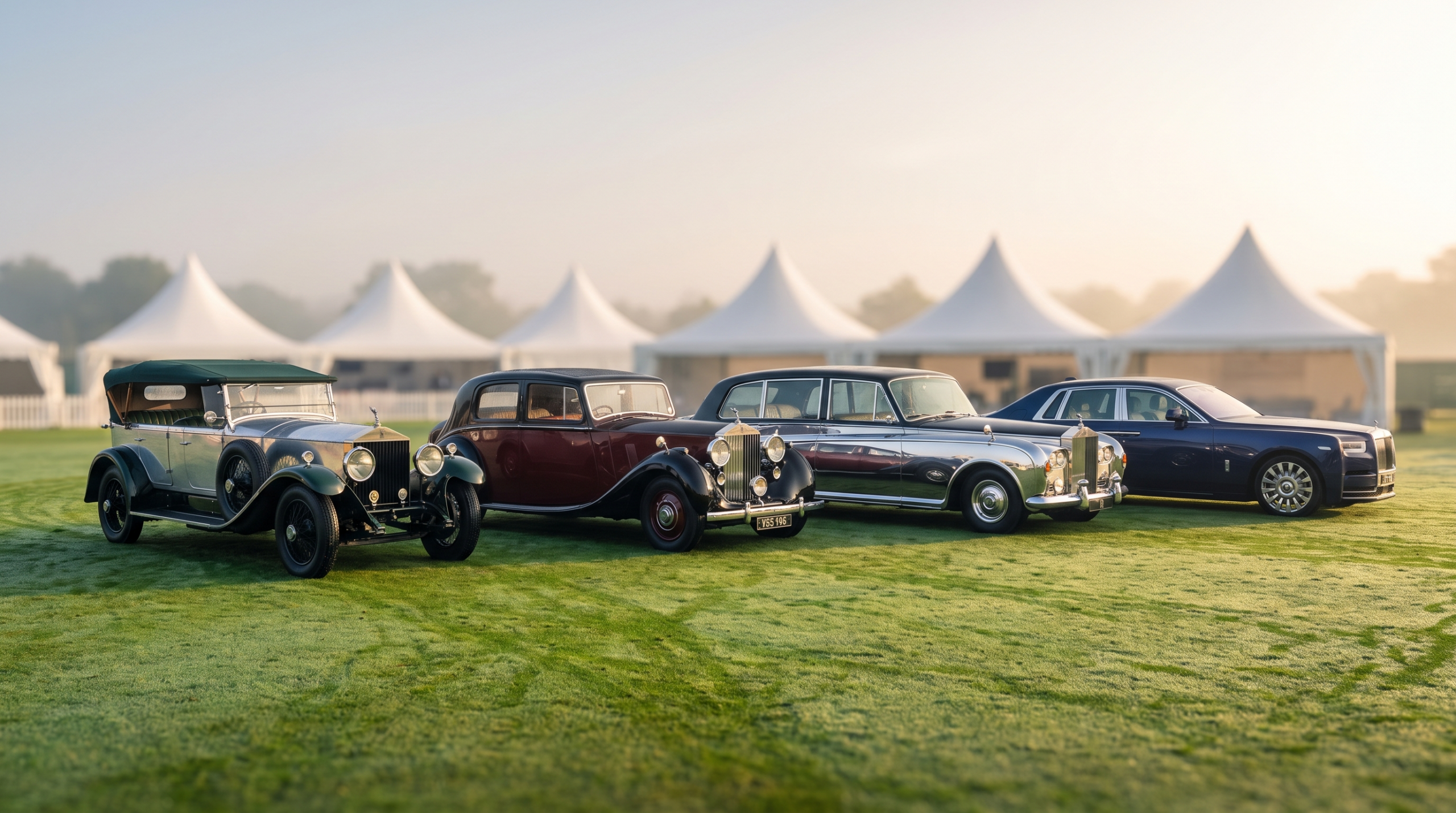 Several generations of Rolls-Royce Phantom lined up on a concours lawn