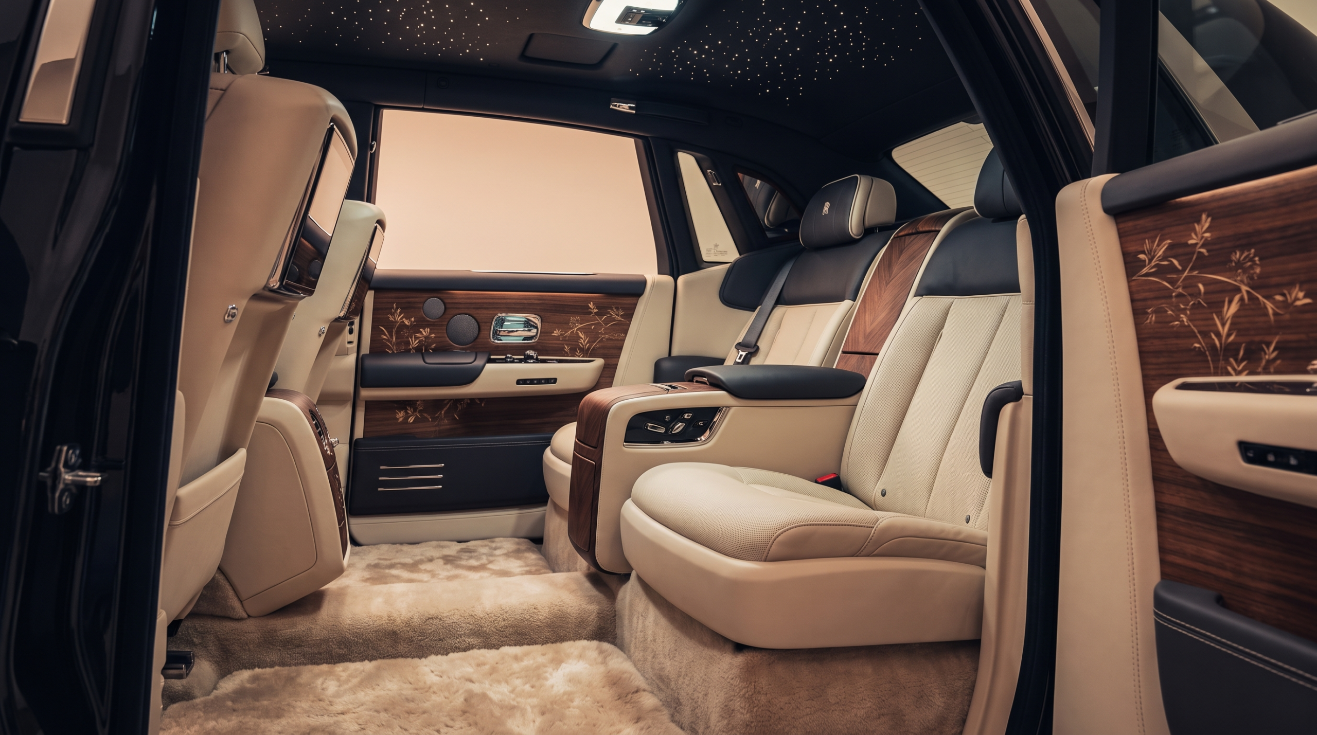 Rear cabin of a modern Rolls-Royce Phantom with marquetry veneer and a starlight headliner