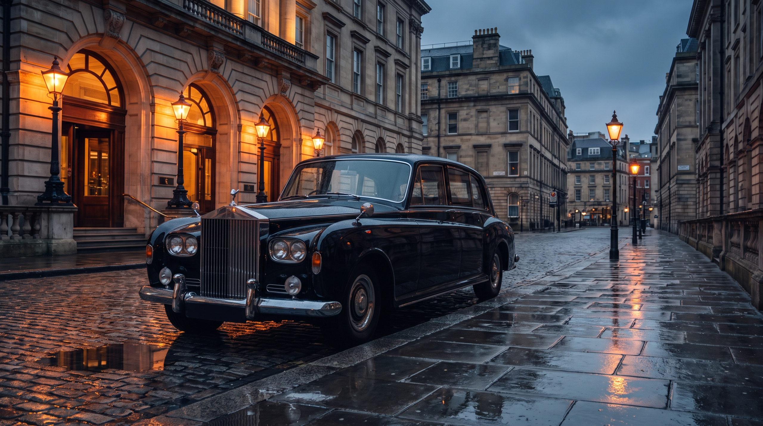 Black Rolls-Royce Phantom V limousine on a wet London street at dusk