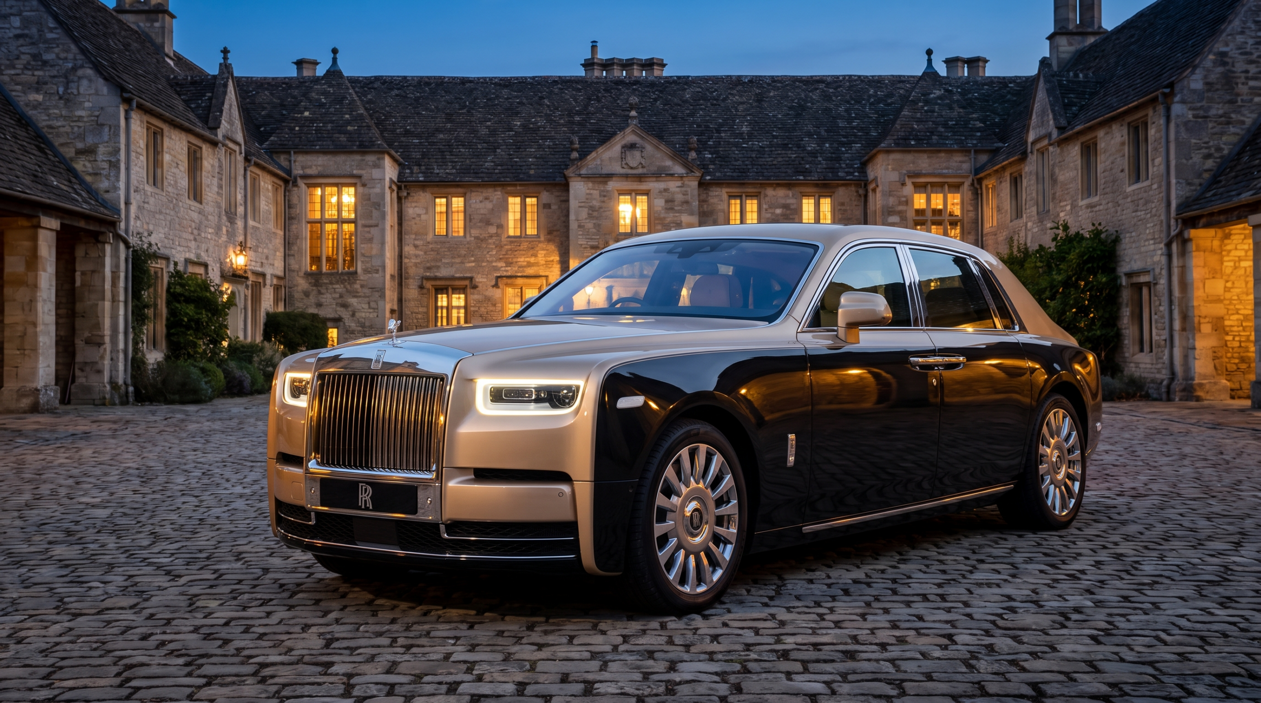 Rolls-Royce Phantom VIII in two-tone paint in a stone courtyard at blue hour