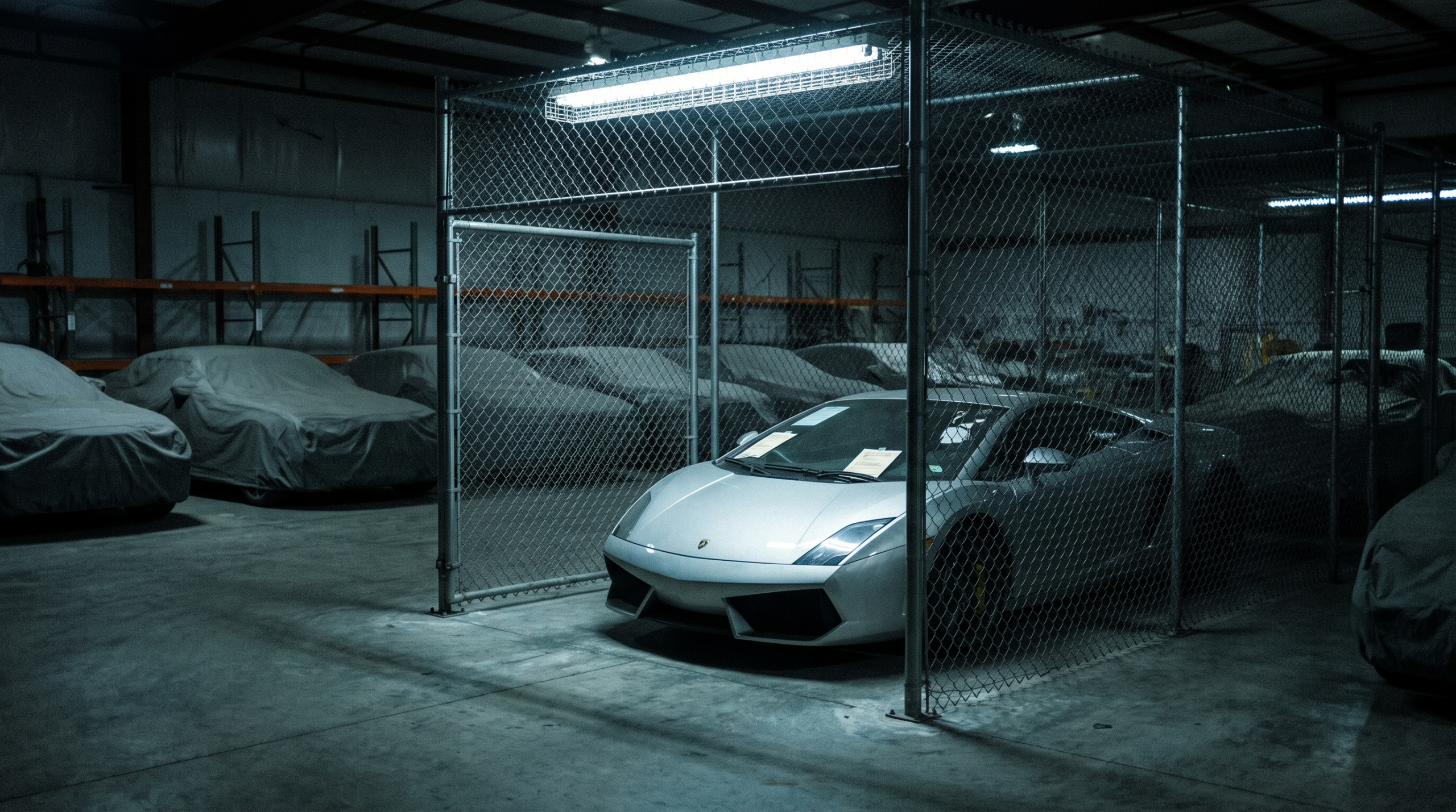 Seized supercar in a federal impound warehouse — illustrative rendering from the Mercedes CLK GTR case story