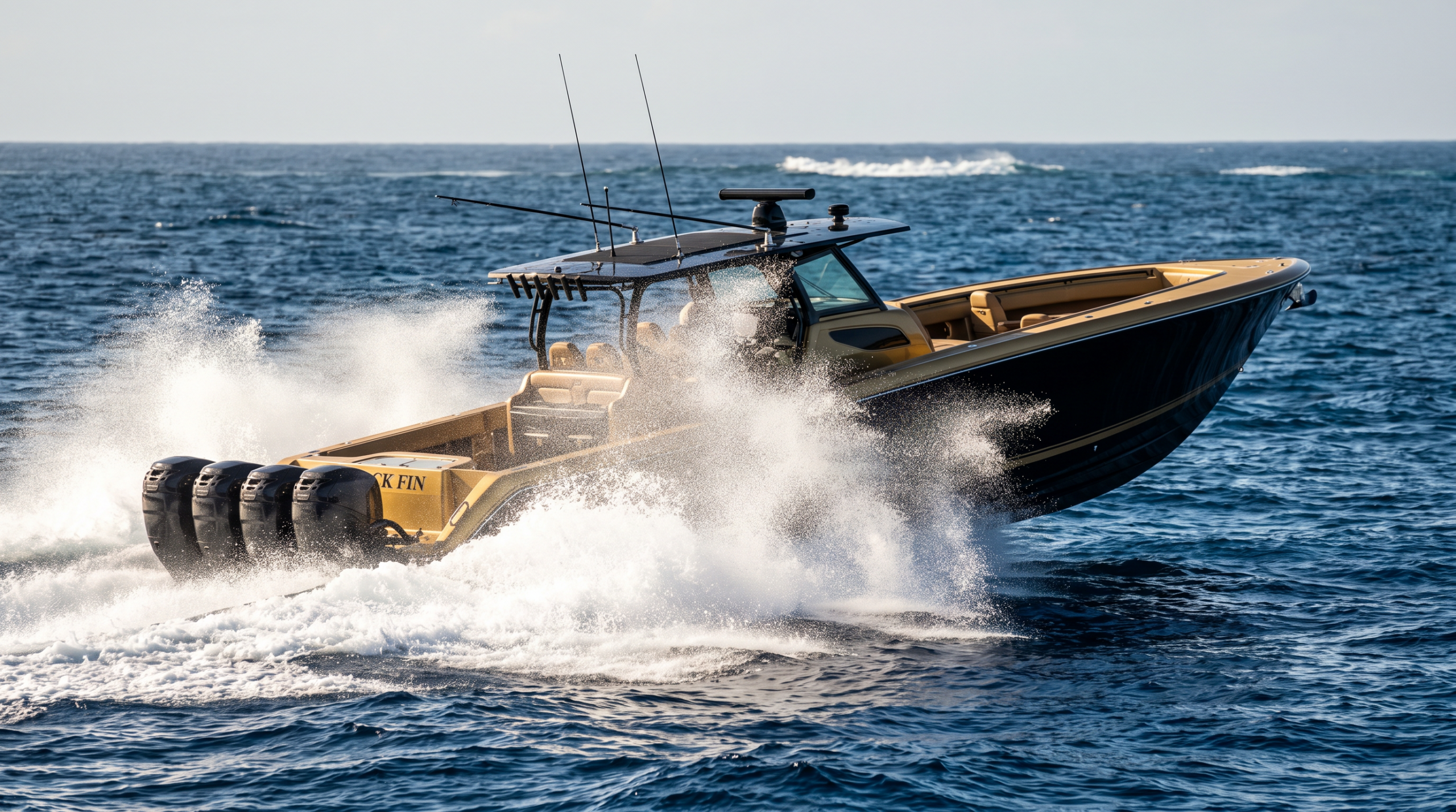 Supercar boats at full throttle: a black and gold offshore center console running hard