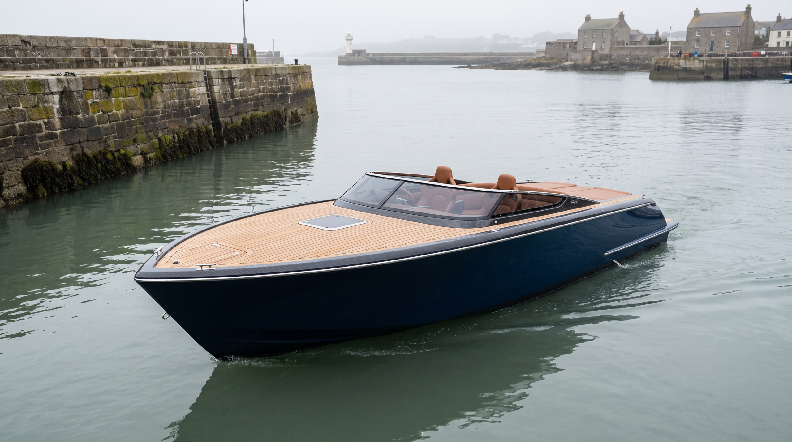 Supercar boats done quietly: a British-styled day boat with teak decking and a sports-car cockpit