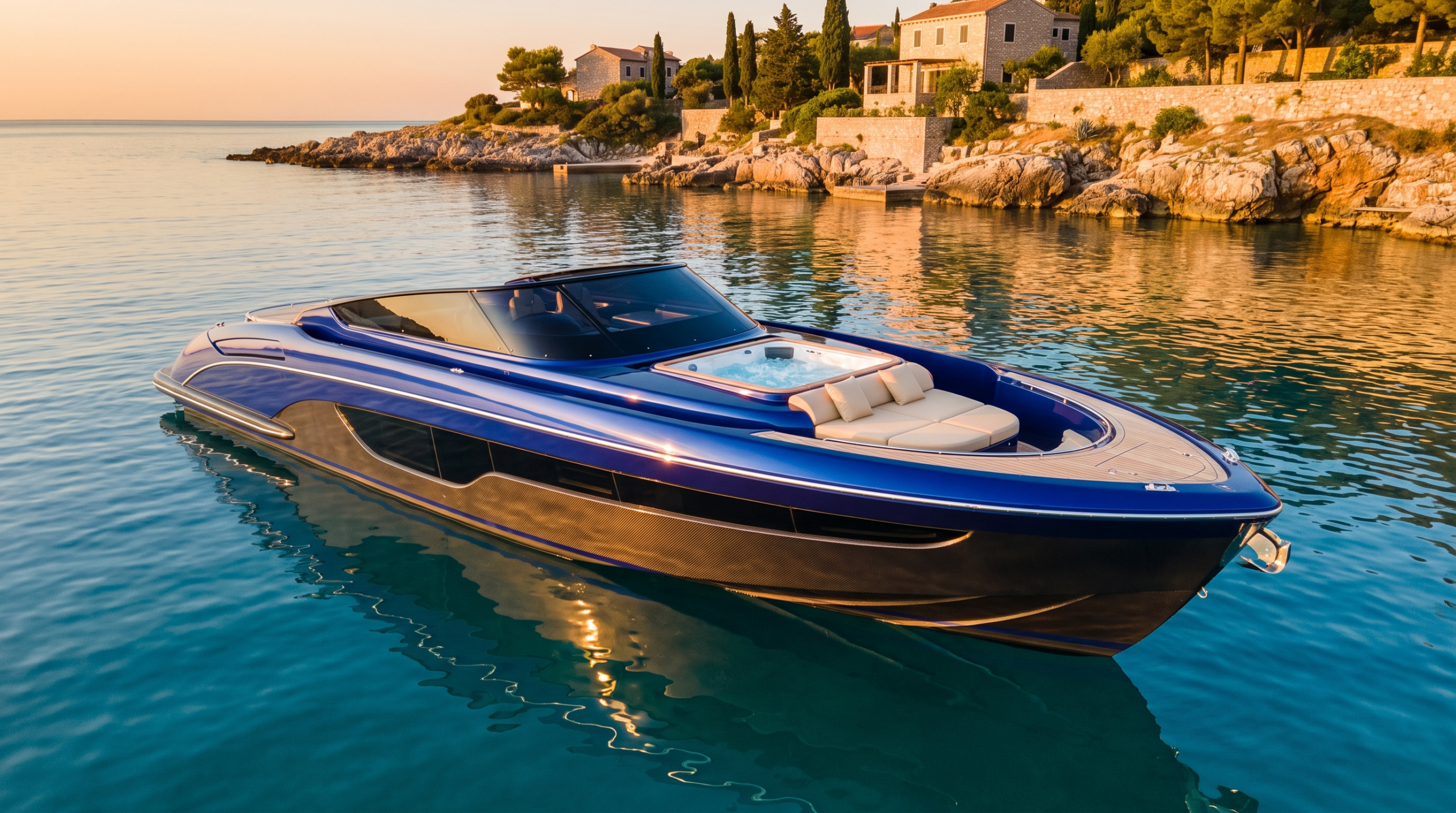 Supercar boats at anchor: a two-tone blue and carbon luxury day yacht moored in turquoise water
