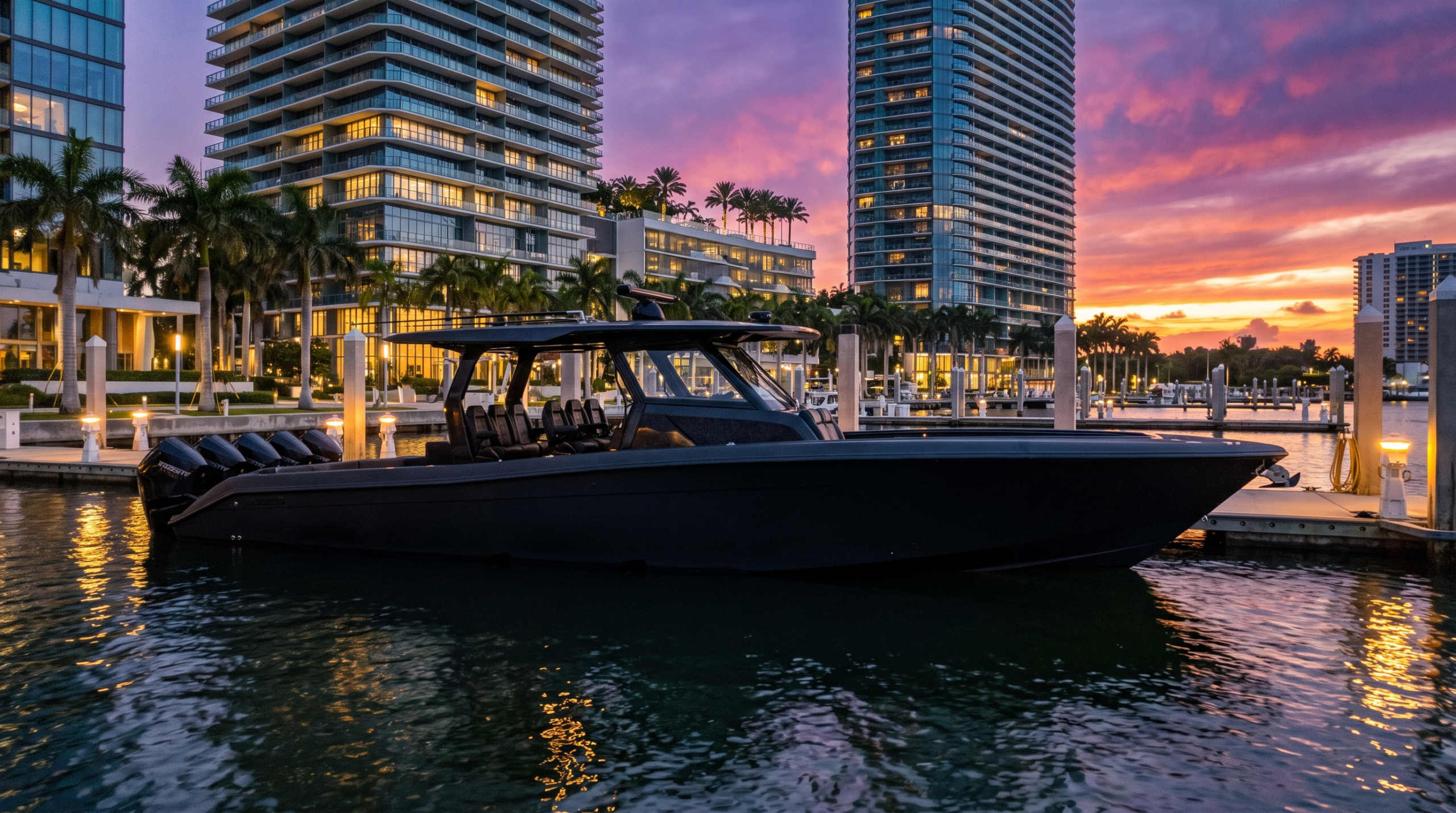 Supercar boats in Miami: a matte black center console with forged carbon fiber hardtop docked at dusk