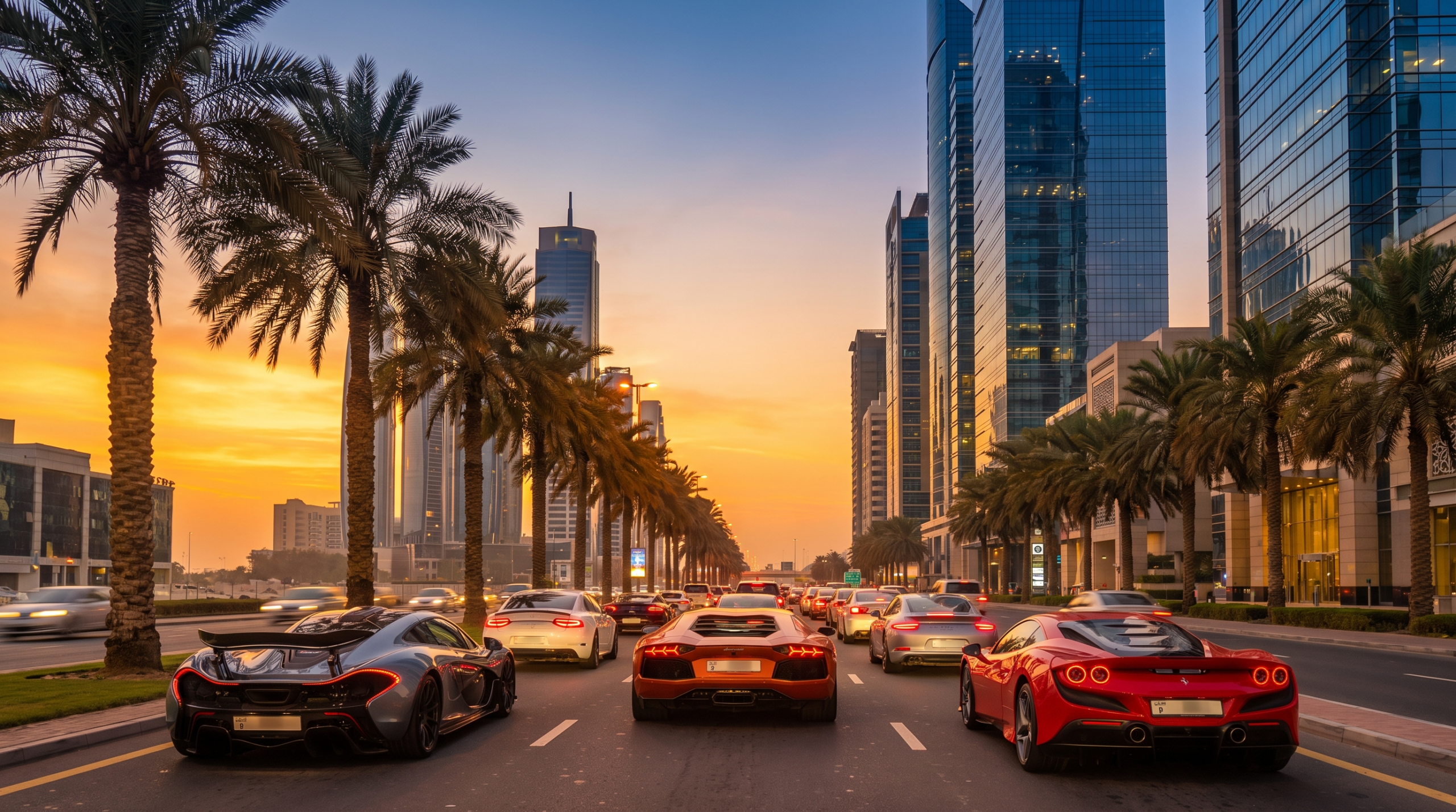 Dubai boulevard at dusk, the fastest-rising of the supercar capitals