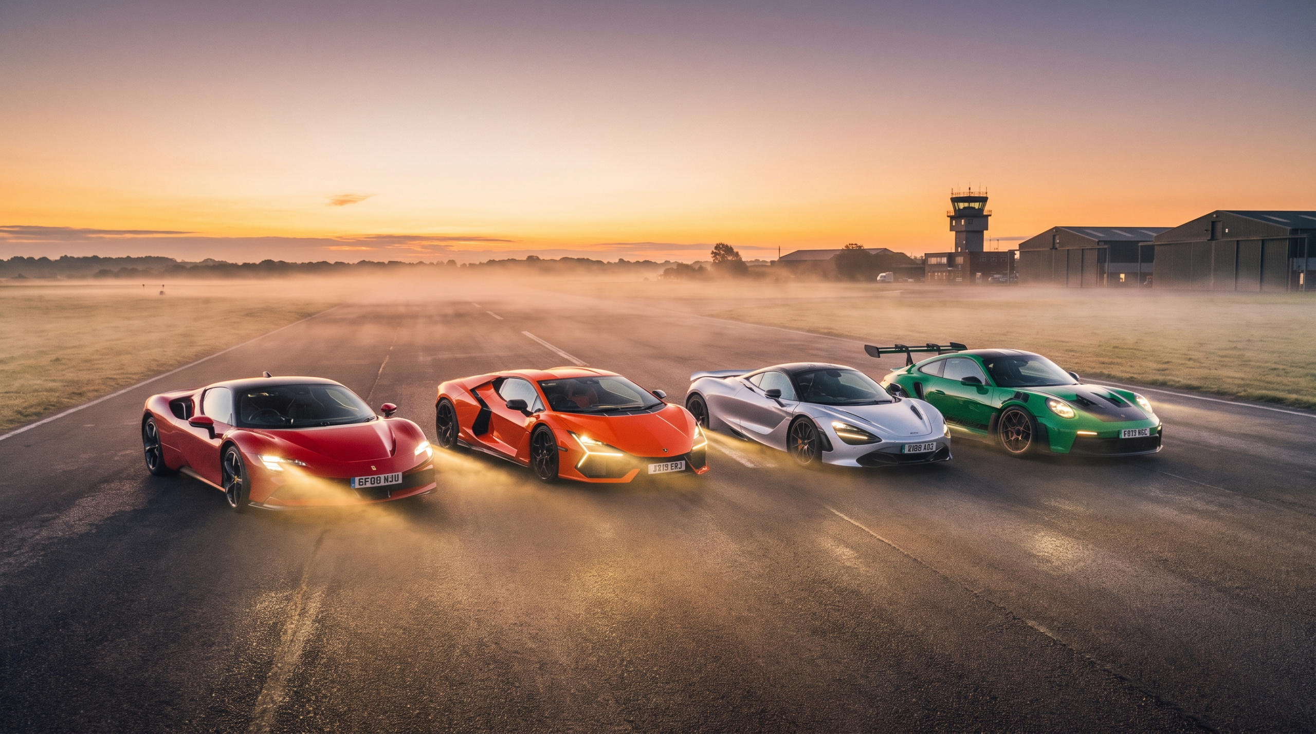 The world Exotic Car News covers: modern supercars lined up at dawn