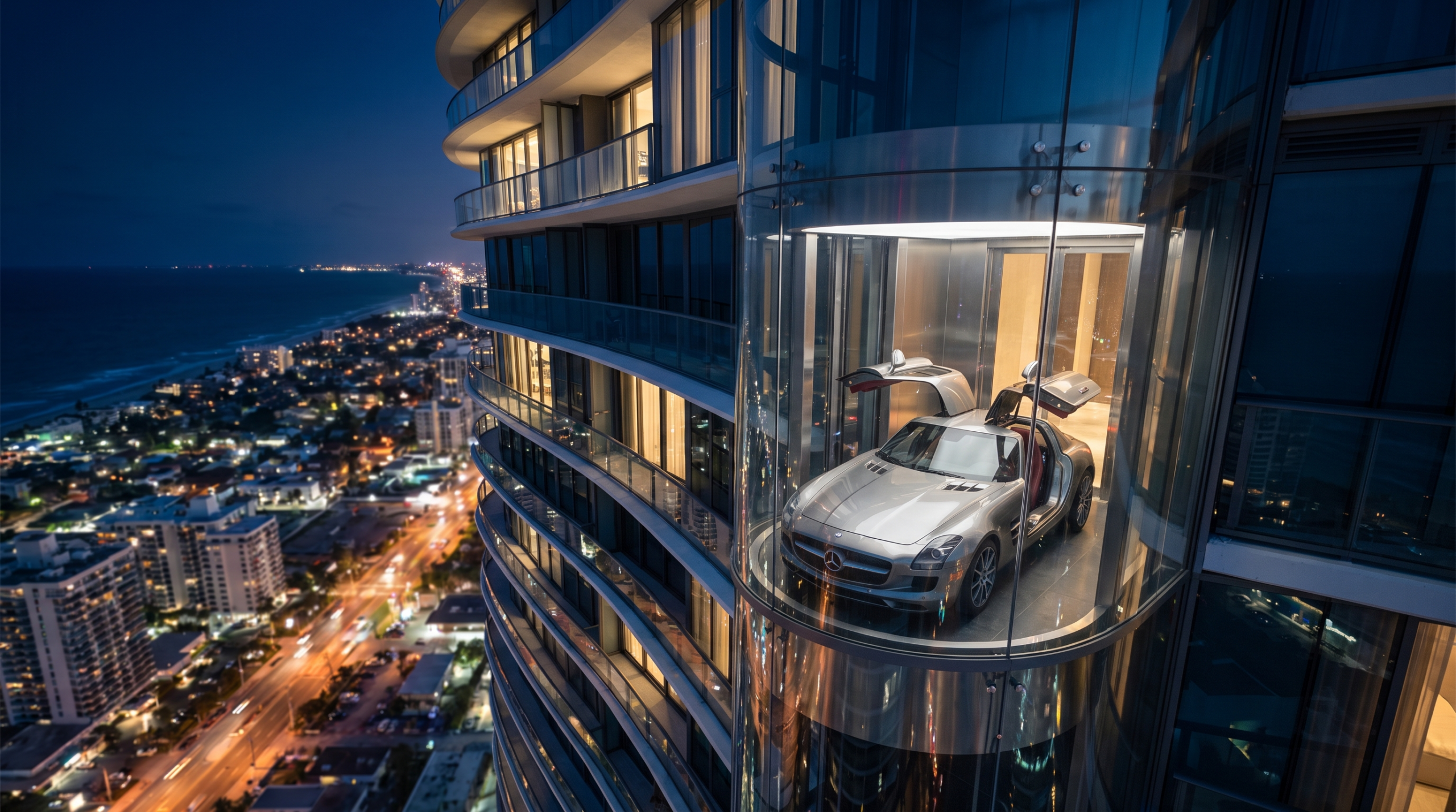 Private car elevator carrying a supercar up a luxury car condos tower — illustrative rendering