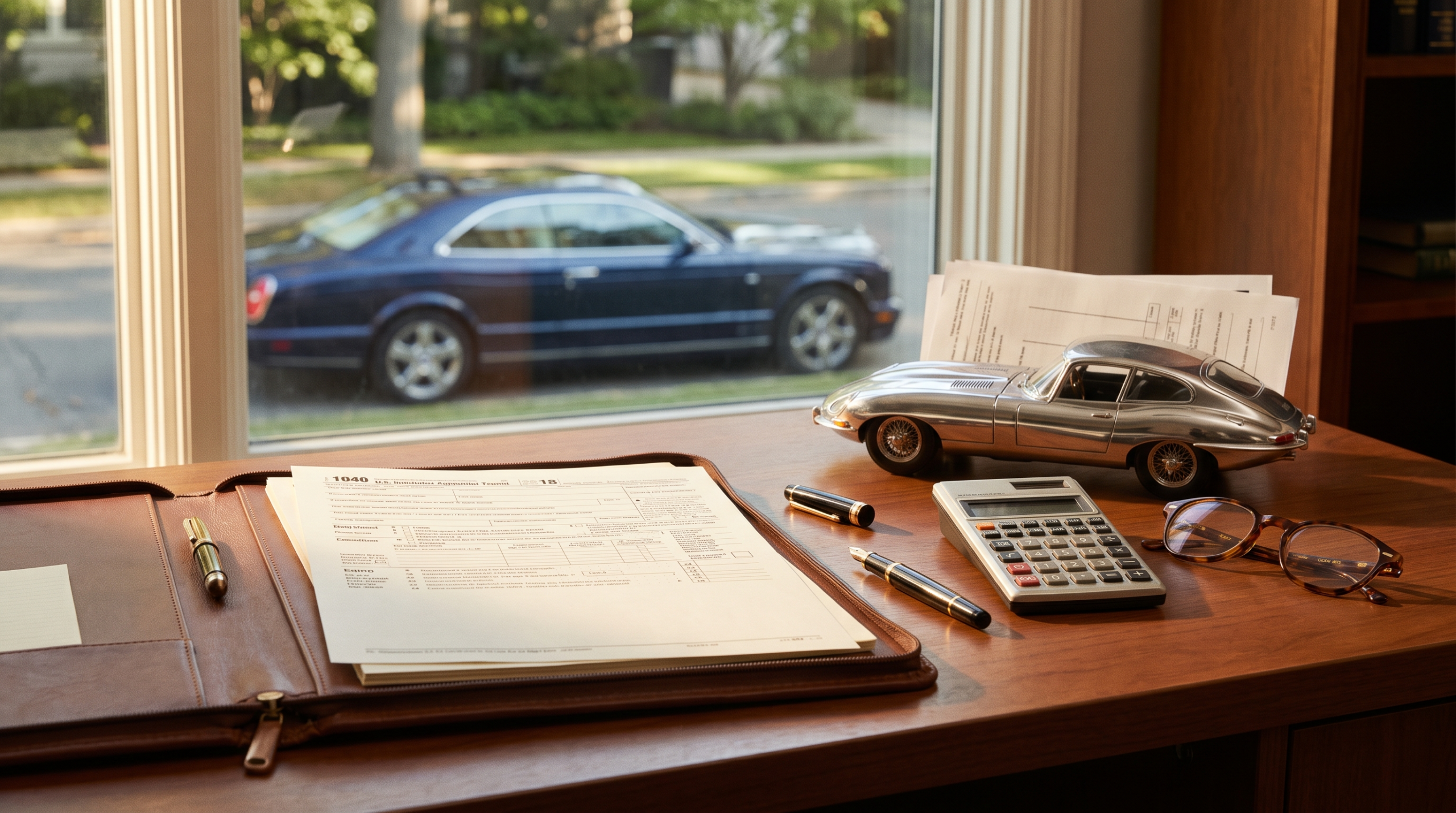 Tax advantages of buying a luxury car — illustrative rendering of year-end paperwork
