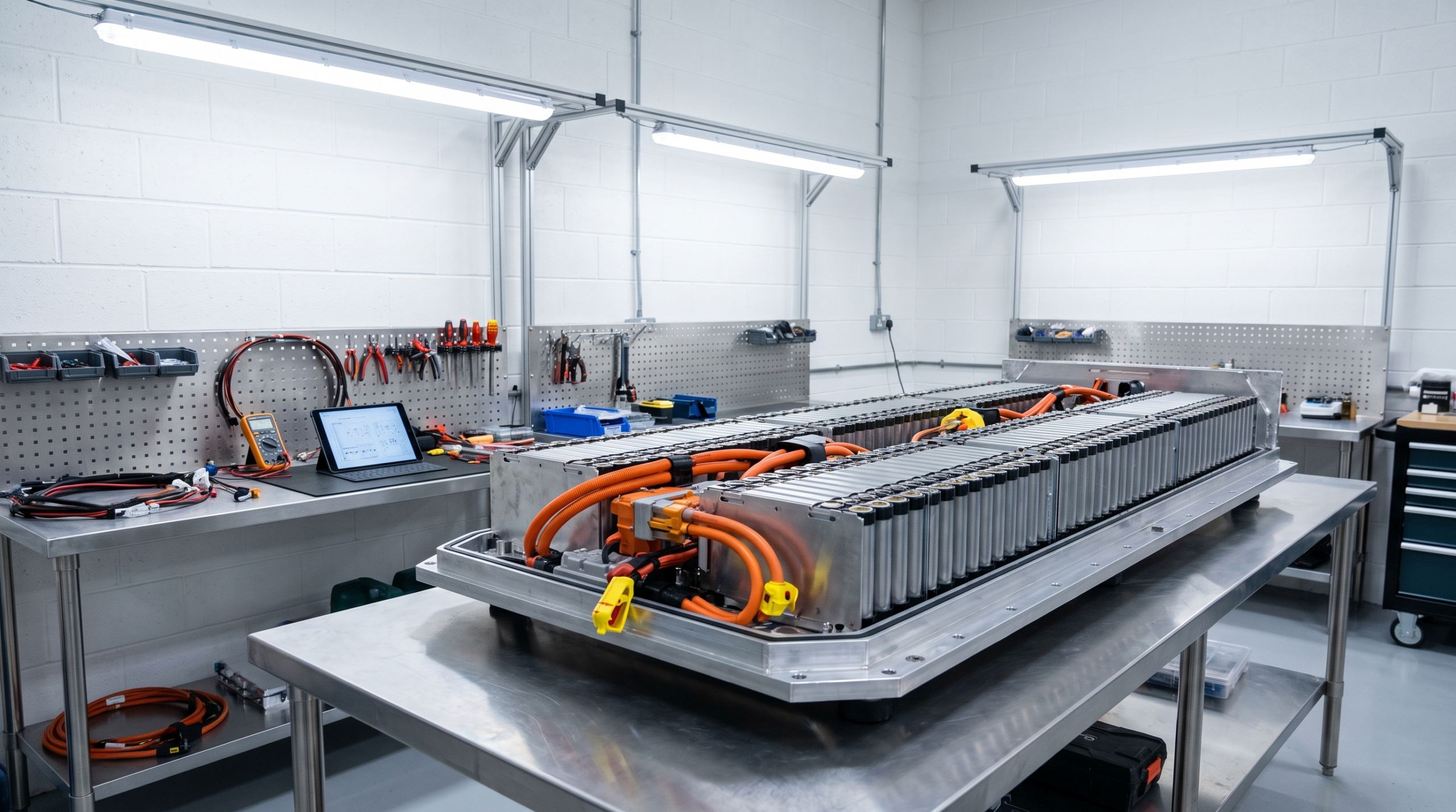A large electric vehicle battery pack in a lab, illustrating the 200 kWh claimed for the Tesla Roadster