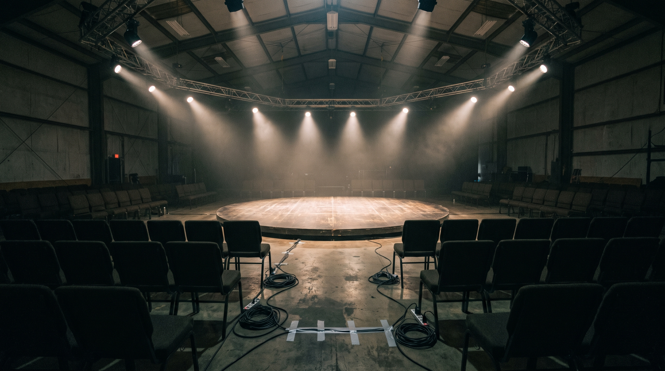 An empty spotlit reveal stage, illustrating that the Tesla Roadster has still not been unveiled