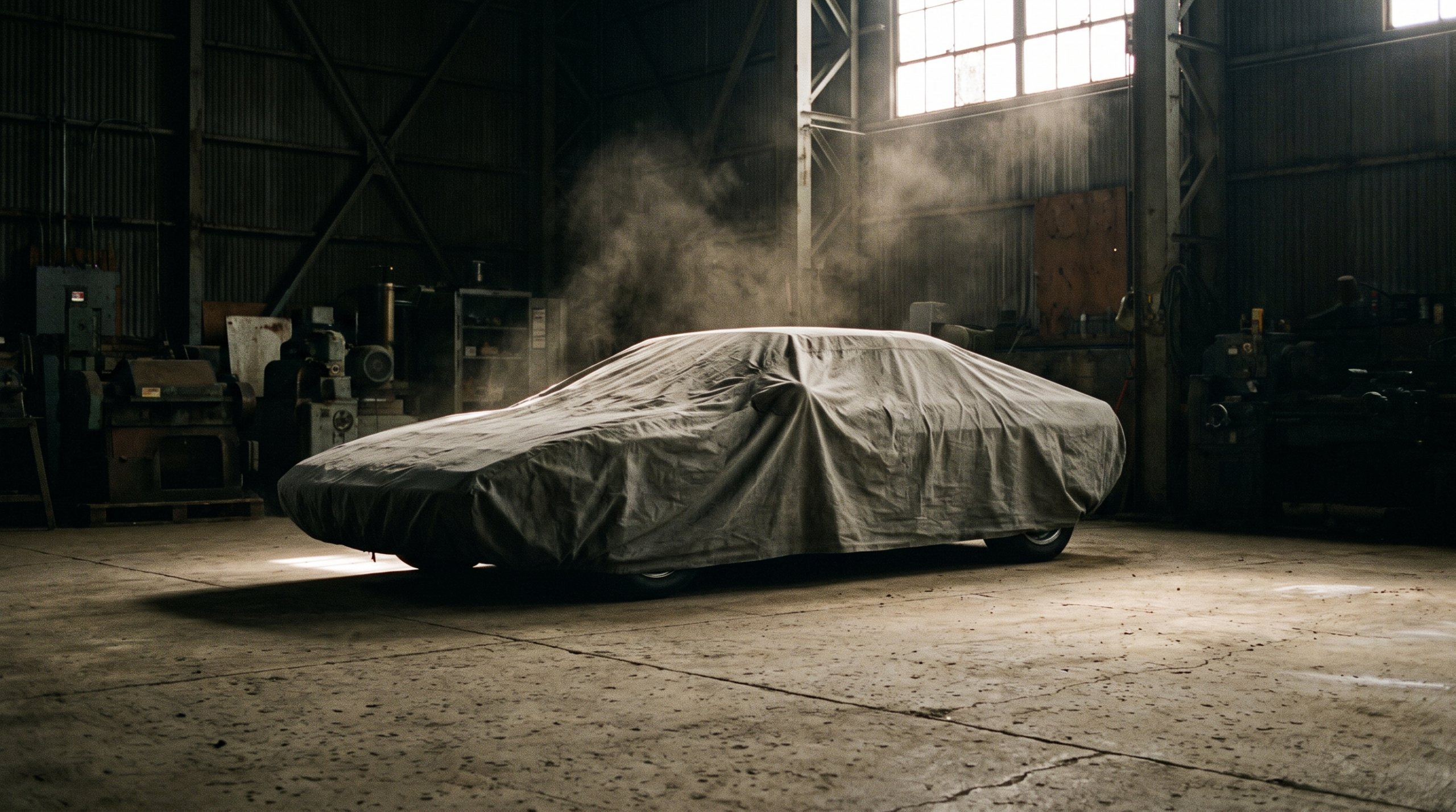 Tesla Roadster still under wraps, a low sports car hidden beneath a dust cover in a hangar