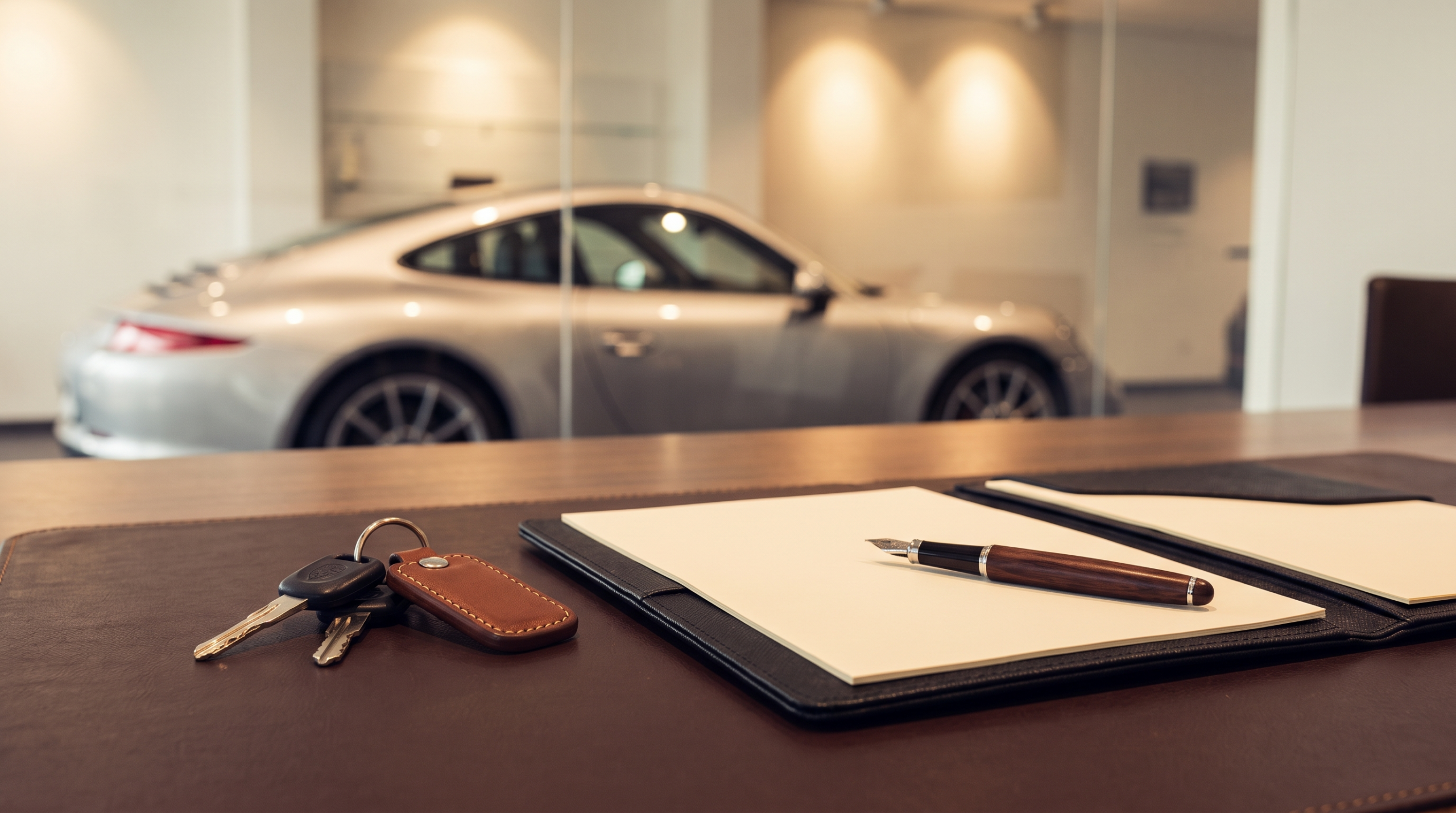Title, keys, and paperwork for an exotic car sale — illustrative rendering