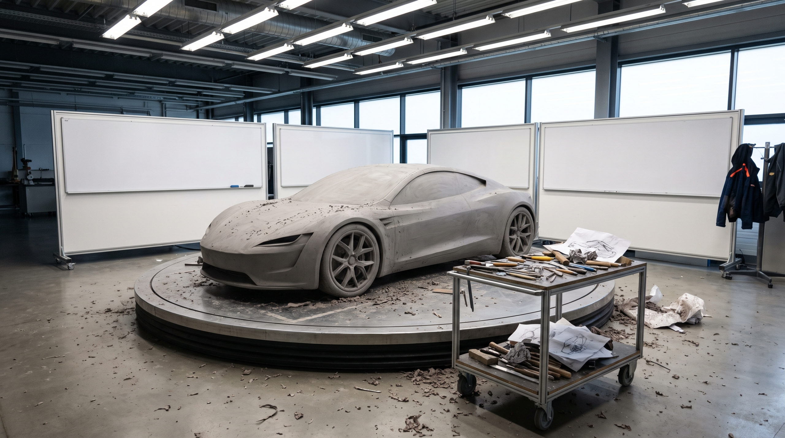 A clay model in an automotive design studio, representing upcoming exotic cars still unresolved