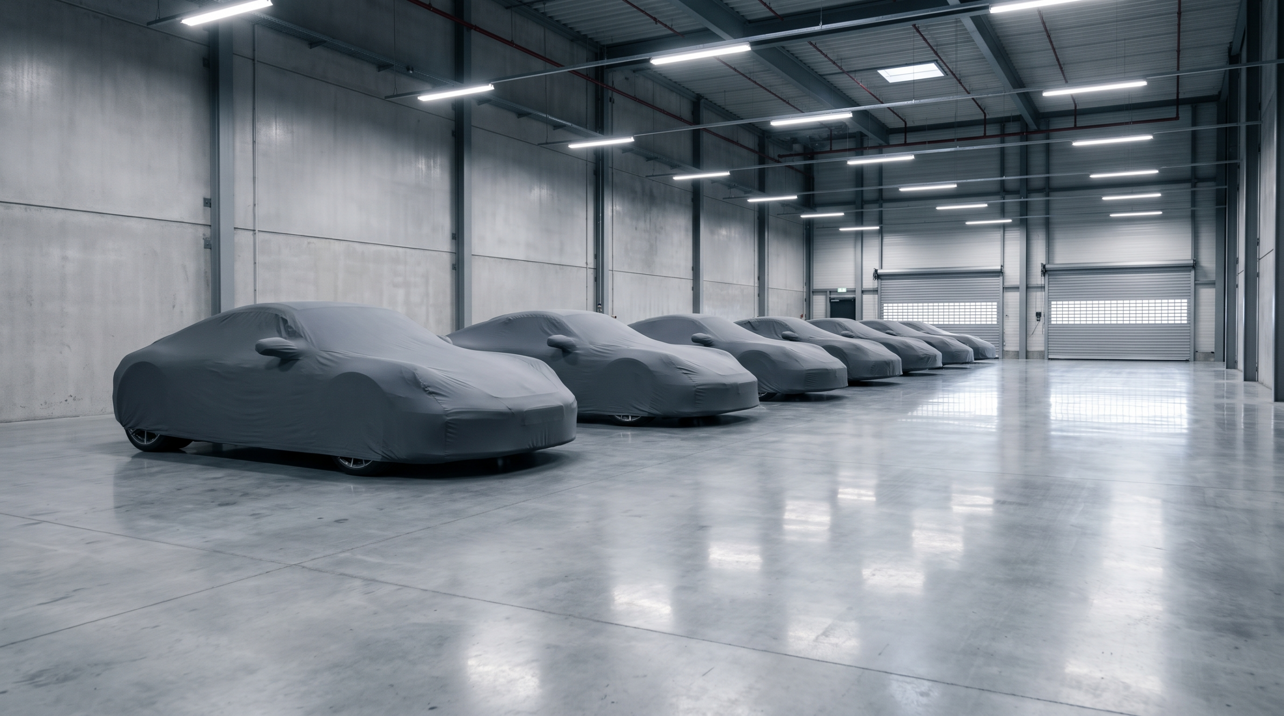 A row of upcoming exotic cars under dust covers in a warehouse