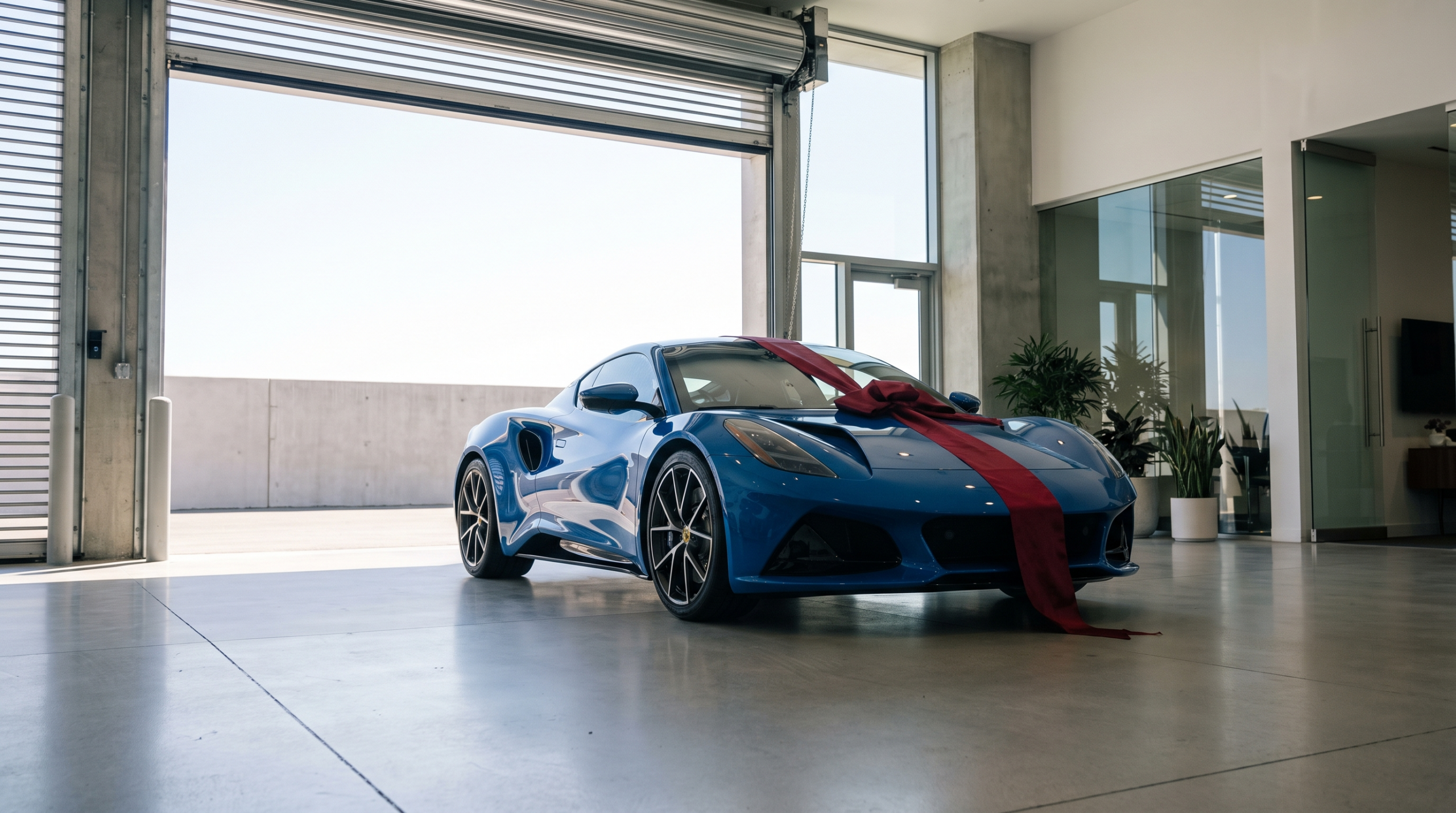 Upcoming exotic cars that arrived: a supercar in a dealership delivery bay with a ribbon