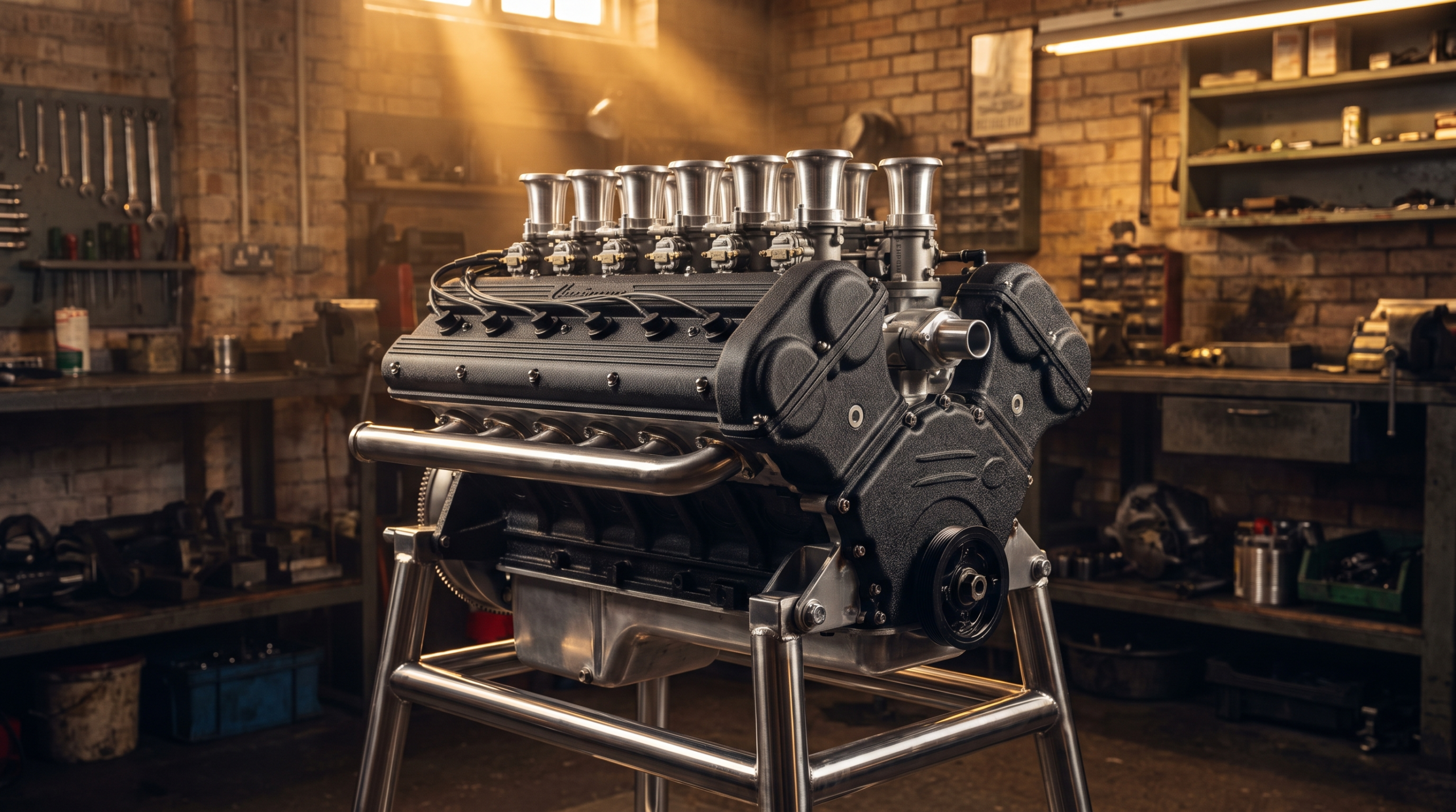 A naturally aspirated V12 on a stand, the powertrain that survived among upcoming exotic cars