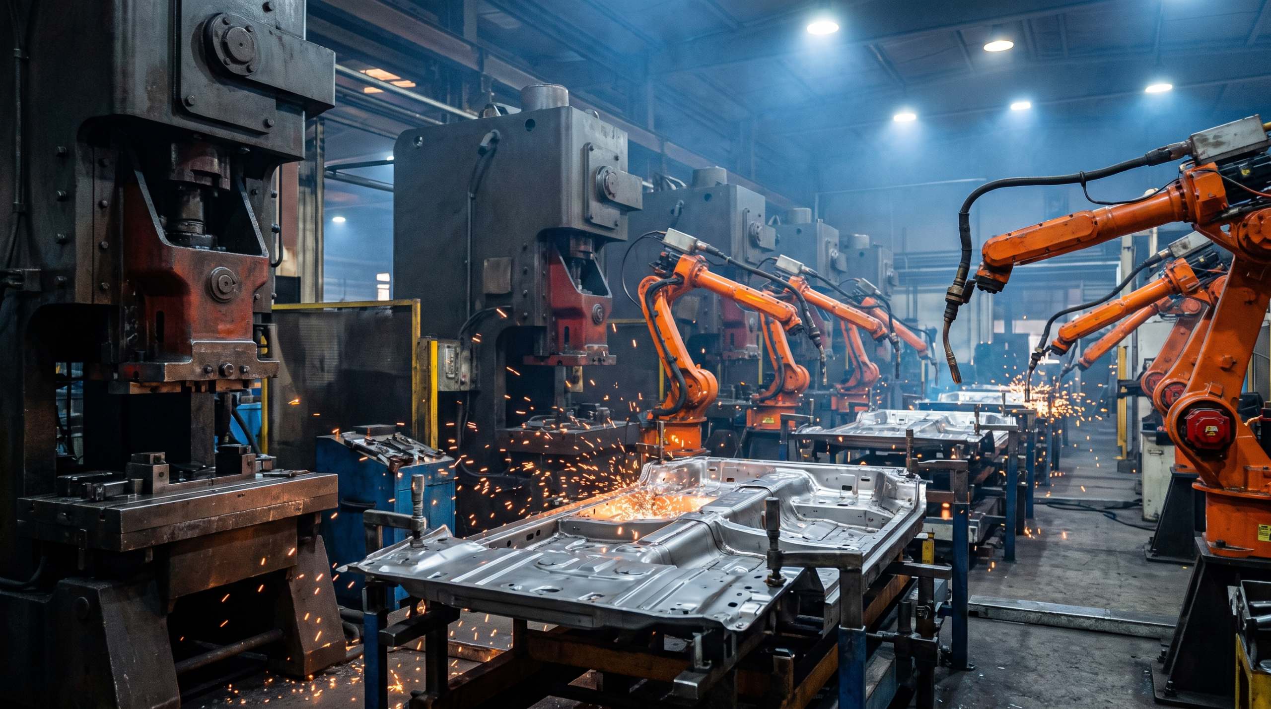 Body shop stamping press and welding robots used in US auto production