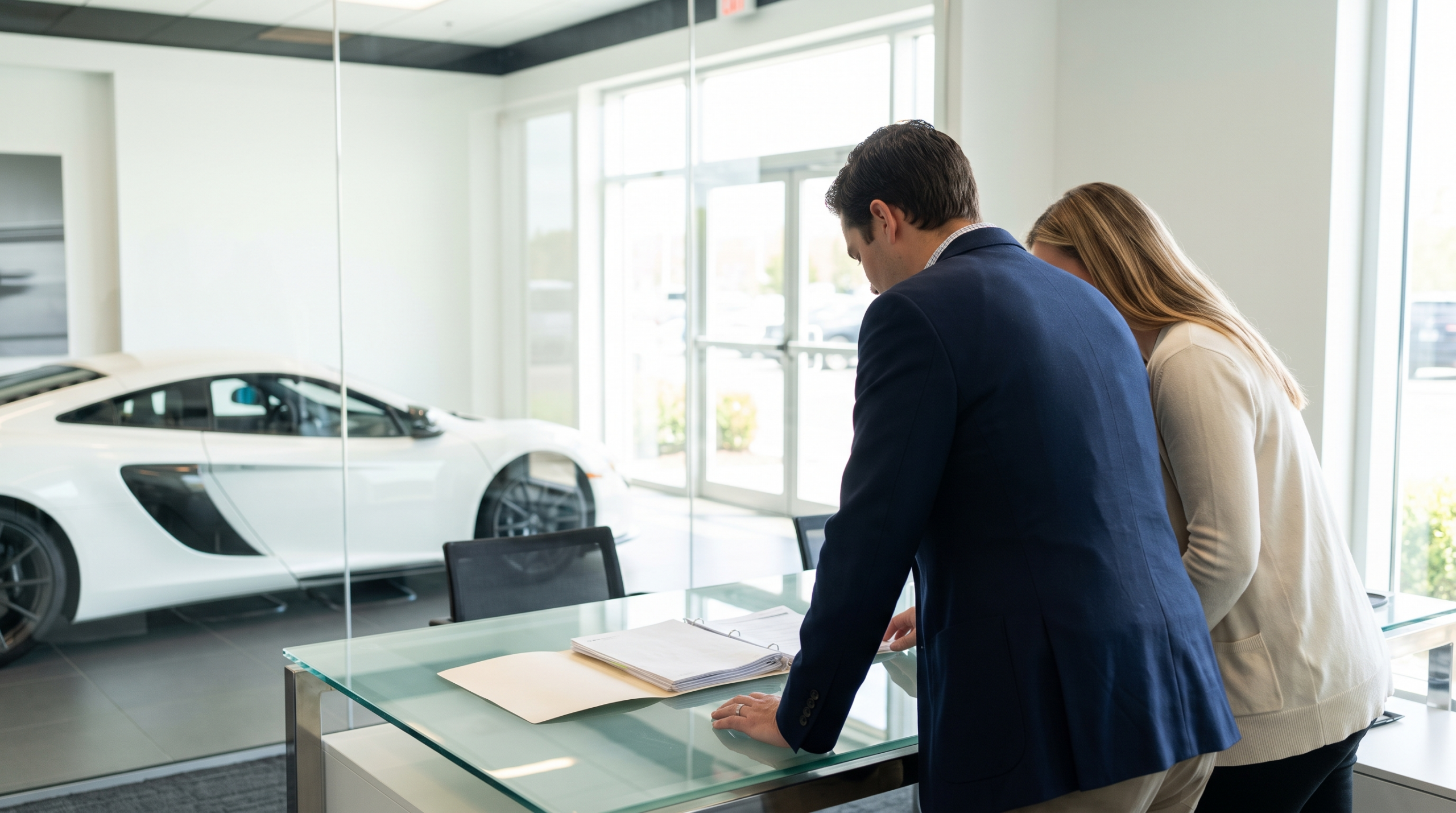 Reviewing documents with a verified dealer when purchasing an exotic car — illustrative rendering