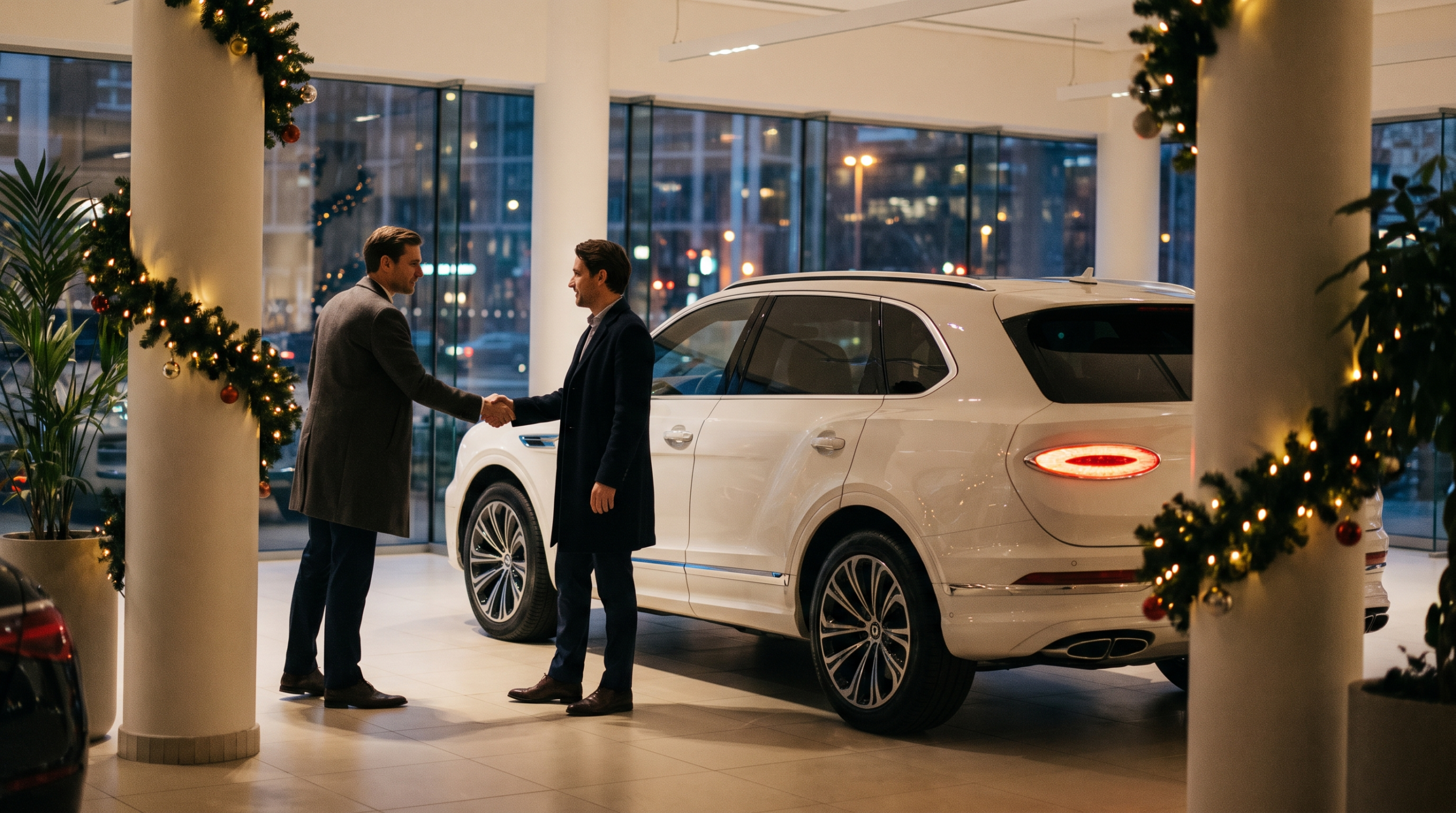 Year-end luxury SUV purchase at a dealership — illustrative rendering