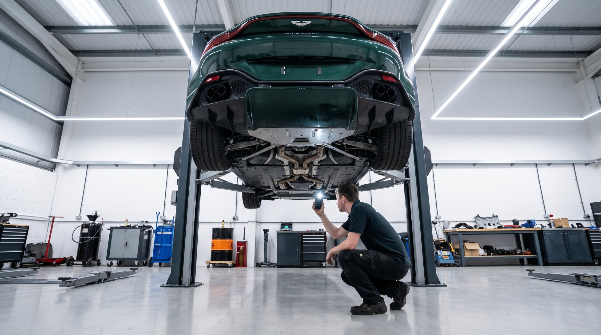 Technician crouching under a green Aston Martin Vantage on a two-post lift, photographing the underbody and exhaust with a phone