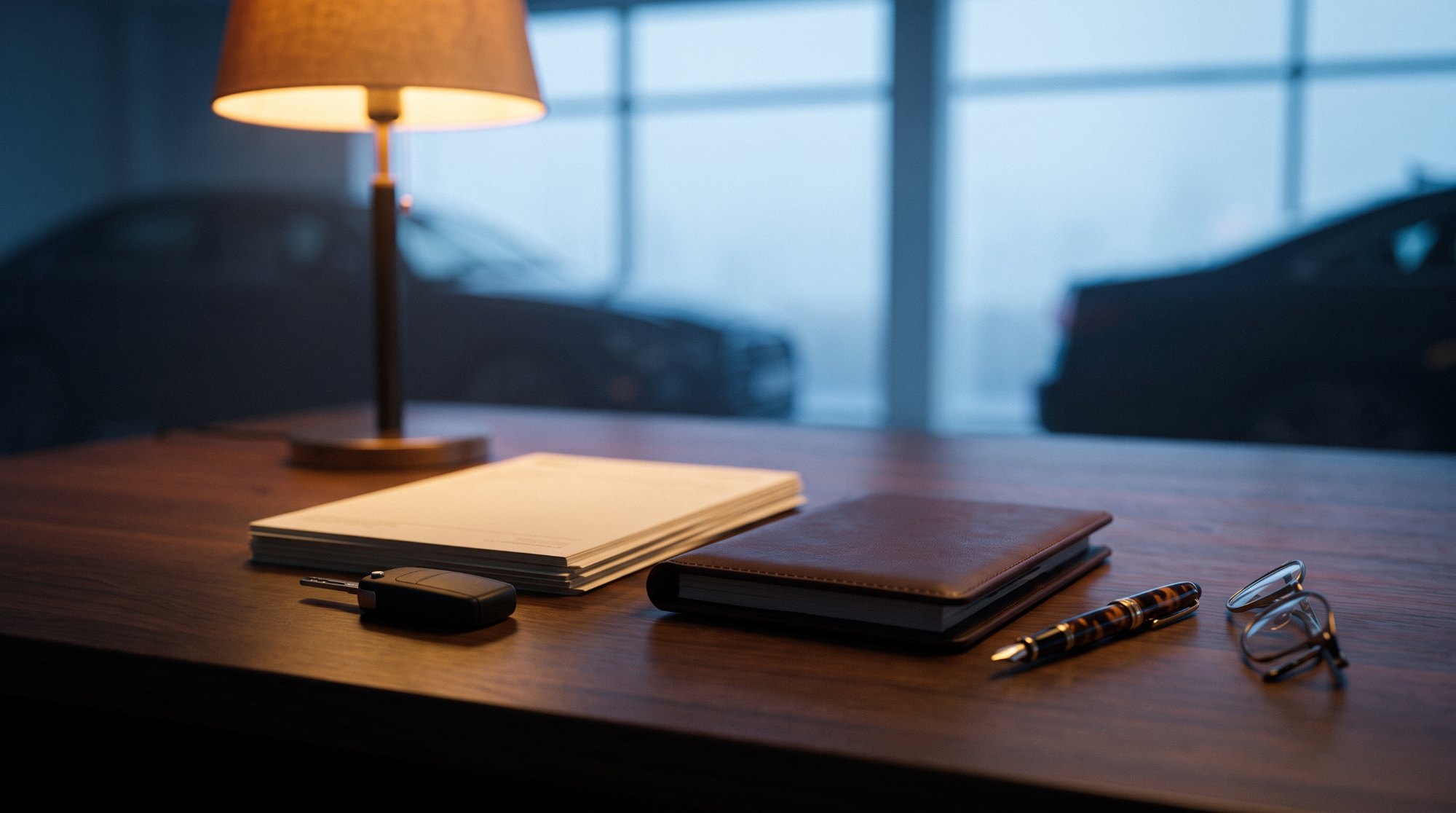Key fob, service history folder and vehicle documents on a dealership desk, representing due diligence when buying an exotic car in 2026
