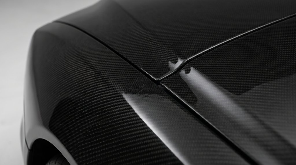 Macro of gloss carbon fiber weave on a sculpted body panel with a tight shut line