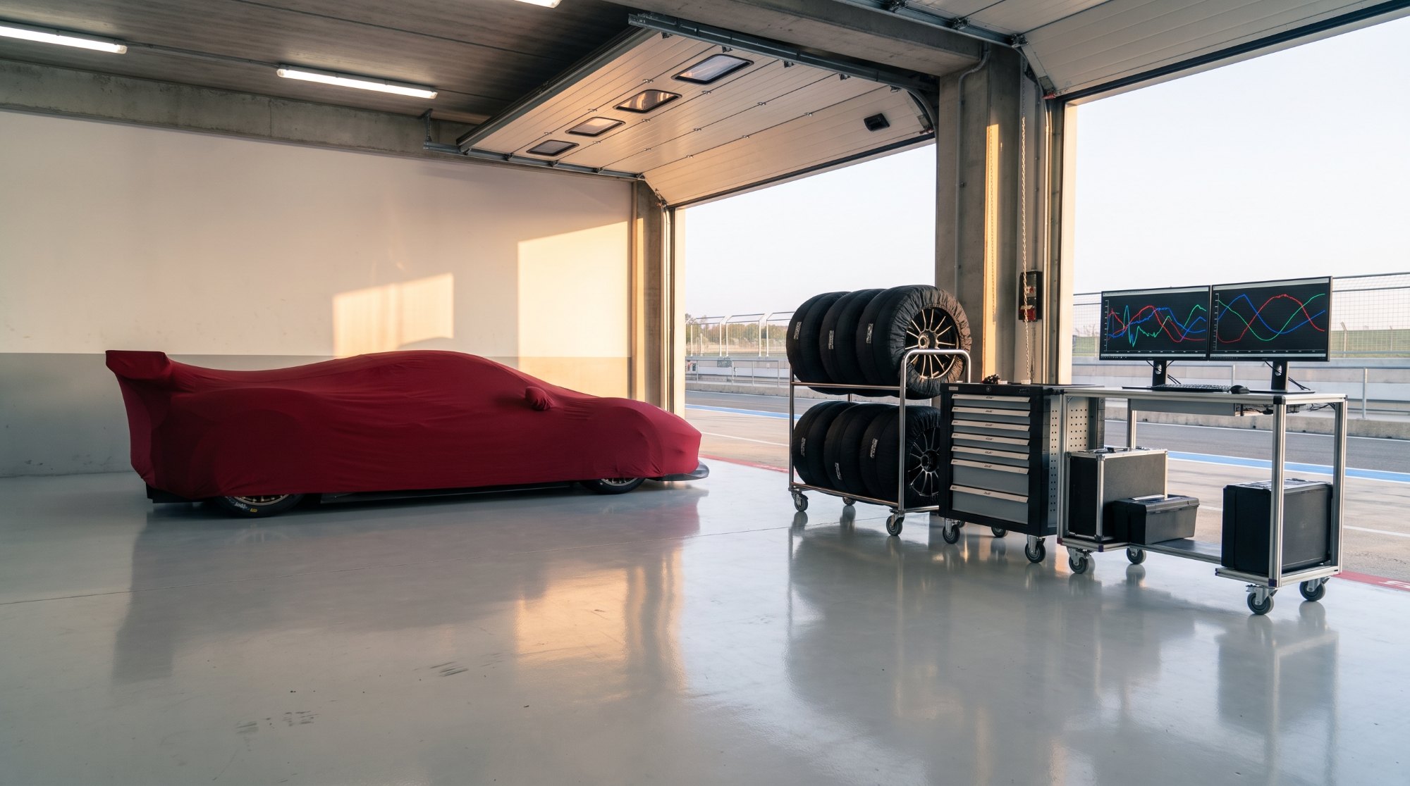 Covered GT race car in a pit garage beside slick tyres in warmers and a telemetry workstation