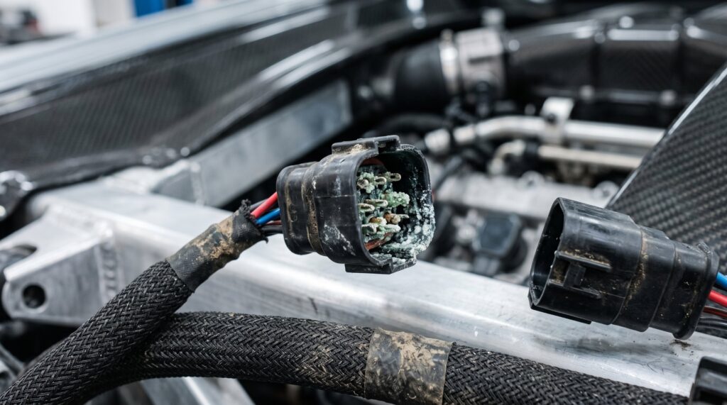 Unplugged wiring harness connector with green-white corrosion on its pins in a supercar engine bay