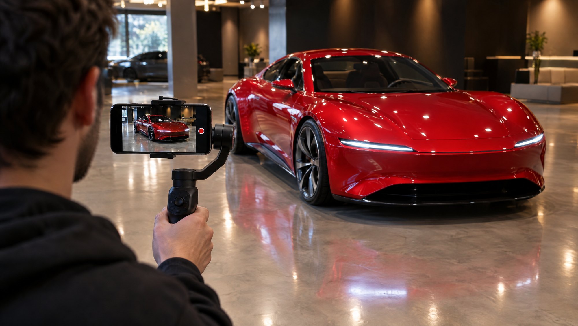Content creator filming a red sports coupe in a showroom with a smartphone on a gimbal