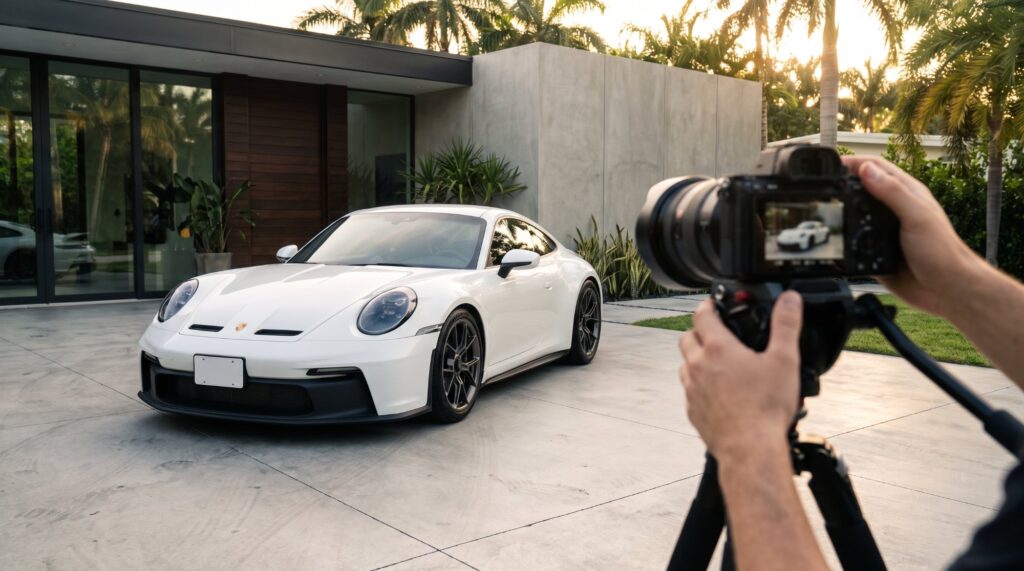 A white Porsche 911 in front of a modern home at sunset, framed by a camera on a tripod for exotic car listing photos