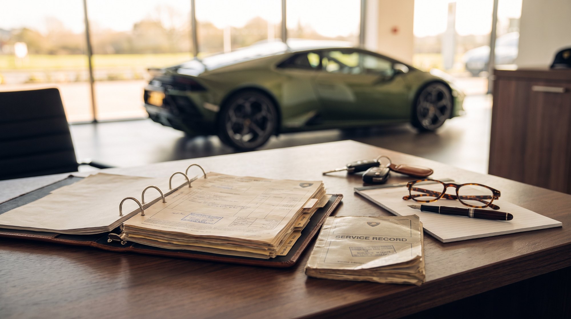Binder of service invoices, a service record booklet, car keys and reading glasses on a desk, with a green Lamborghini Huracan parked in the background