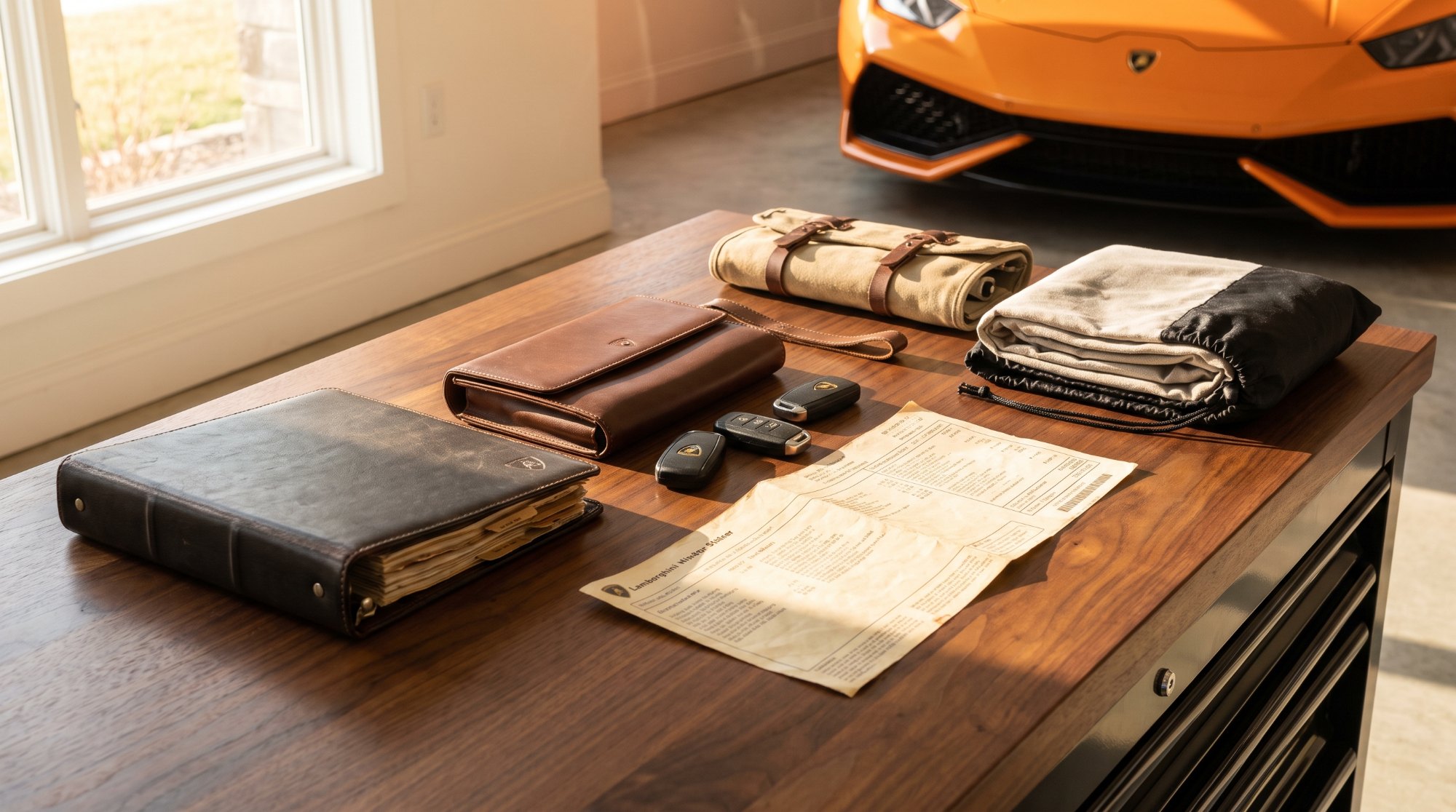Service records binder, leather manual wallet, three keys, window sticker, tool roll and car cover on a walnut bench in front of an orange Lamborghini